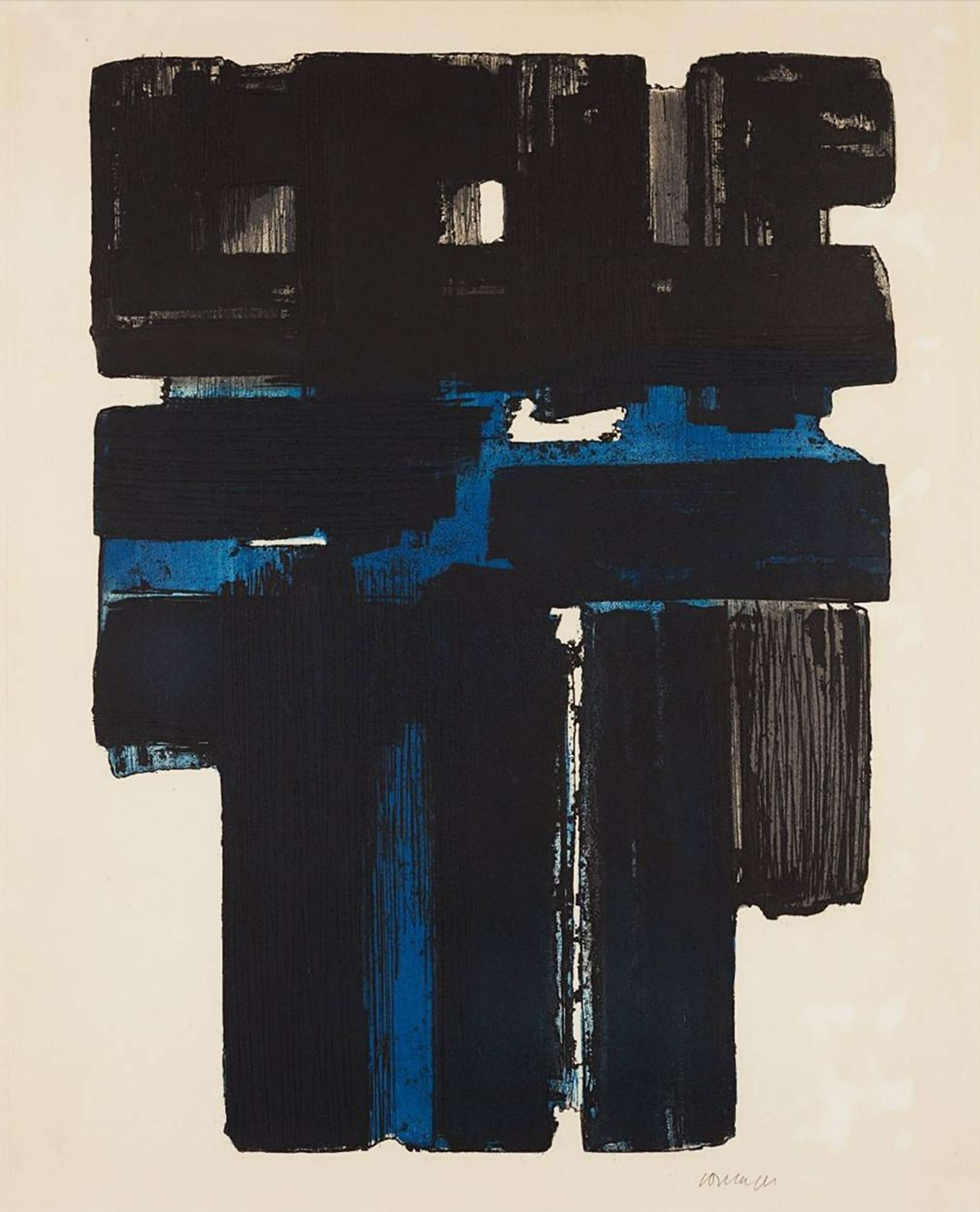 Une estampe en taille-douce présentant un motif géométrique. Des traits noirs et bleus se croisent en formations verticales et horizontales, principalement vers le haut. Des textures griffées ajoutent de la profondeur.