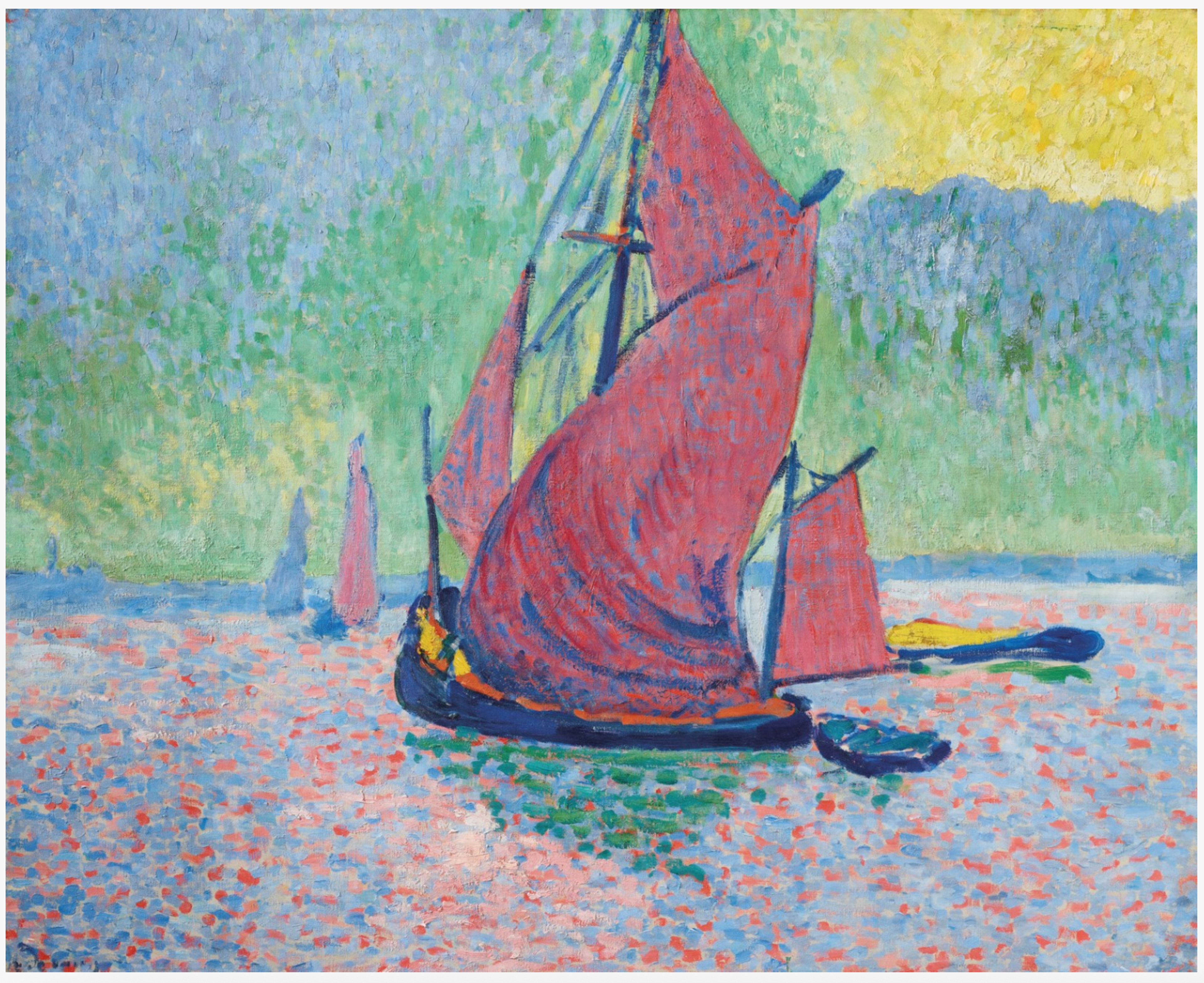 A painting of a traditional sailing barge with striking red sails that contrast against the soft pinks, blues, and greens of the water. Other vessels with red sails are visible in the background of the river scene, disappearing into a blue haze on the horizon. The sky is an atmospheric green, with yellow in the top right corner to suggest the sun emerging from behind clouds. The colours are applied in short, direct brushstrokes.