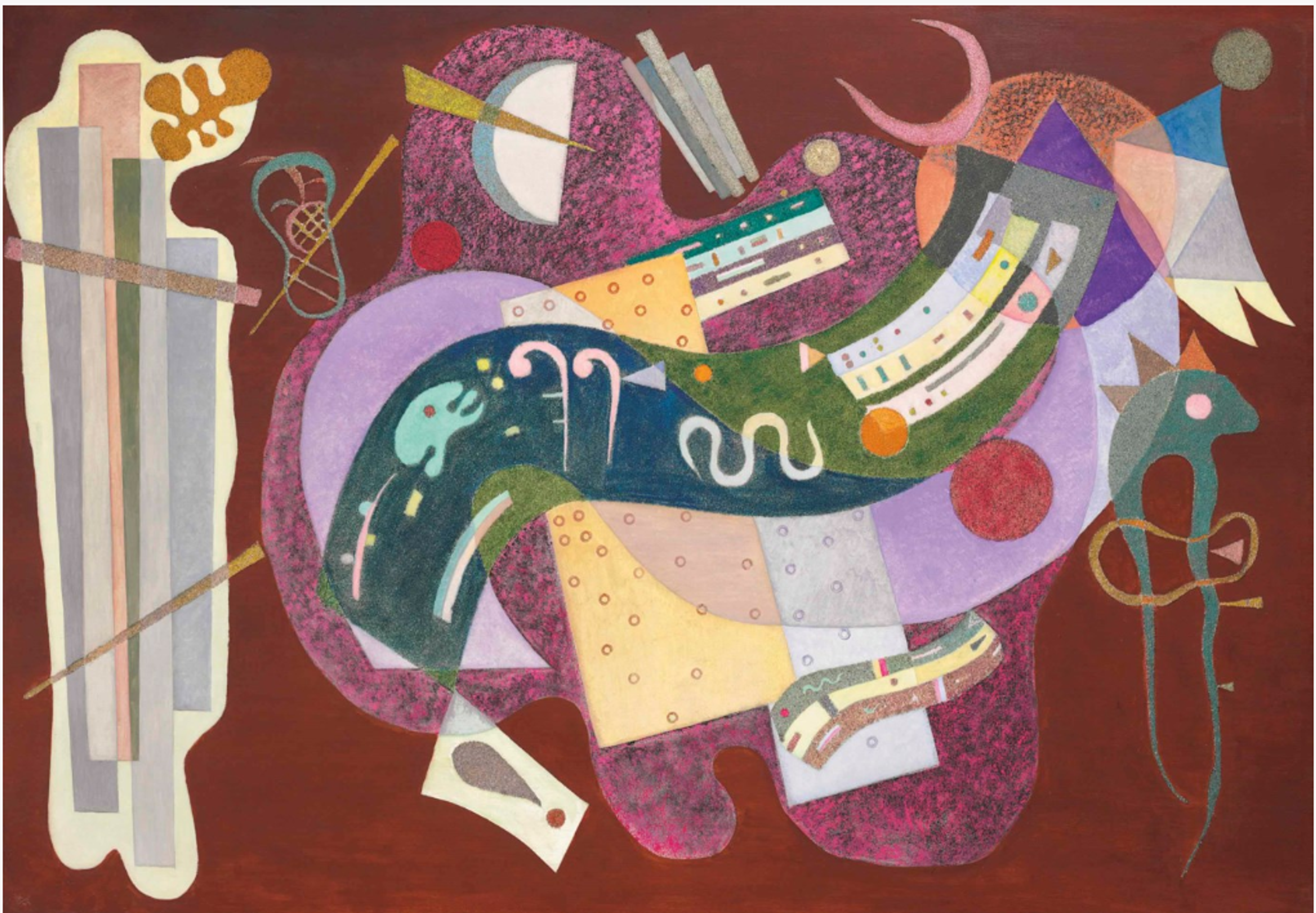 An abstract composition featuring curved and rigid forms in purple, green, and white against a reddish-brown background. The painting includes cylindrical shapes, serpentine lines, and geometric elements arranged in a complex layered composition with contrasting straight and wavy elements. Some arrangements resemble the keys of a piano, the neck of a violin, and musical notes.