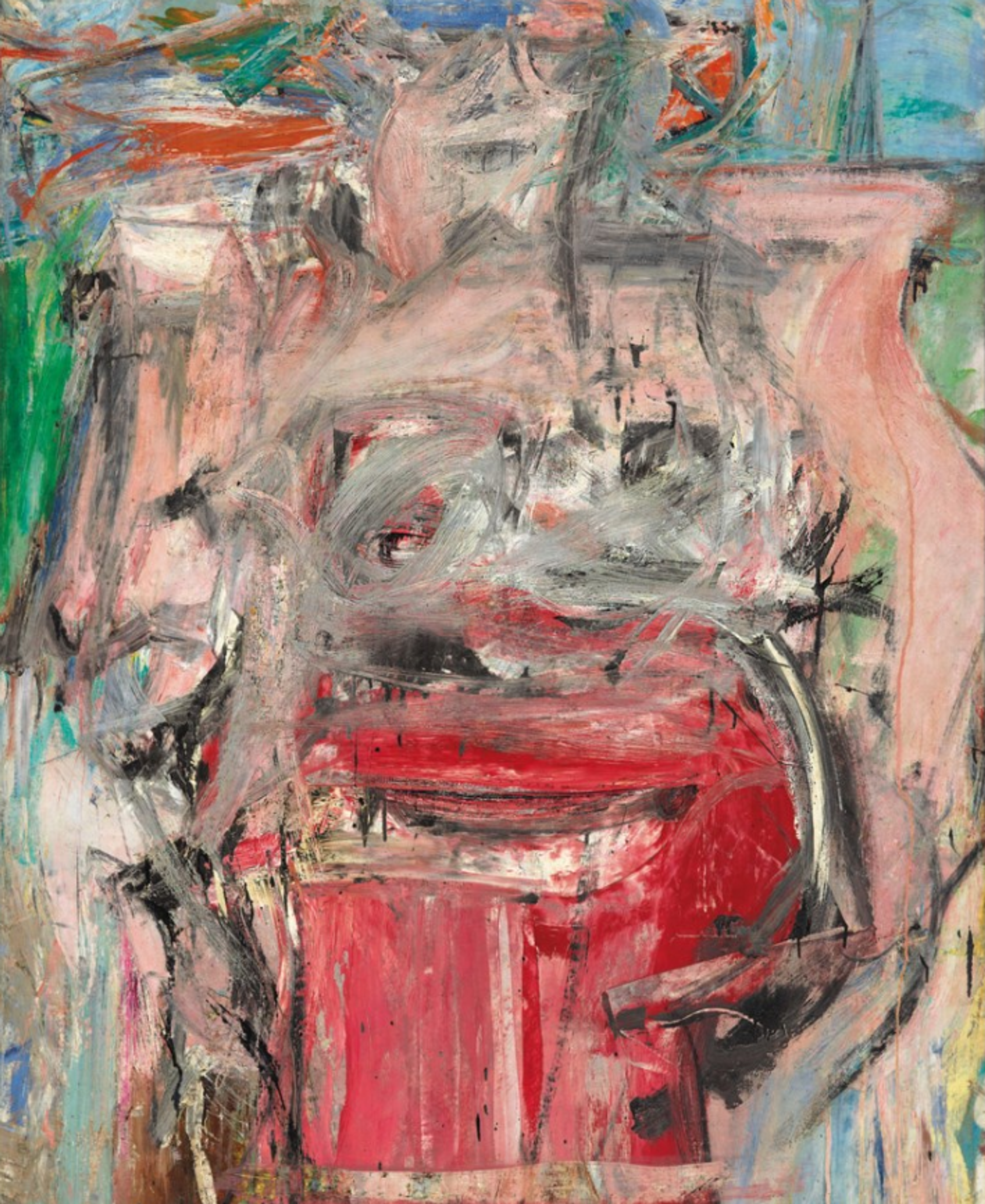 An abstract painting in pink and reddish tones with a central form that suggests a figure or face. Behind this form is the suggestion of green earth and blue sky. The brushwork is loose and expressive with varied paint thickness.