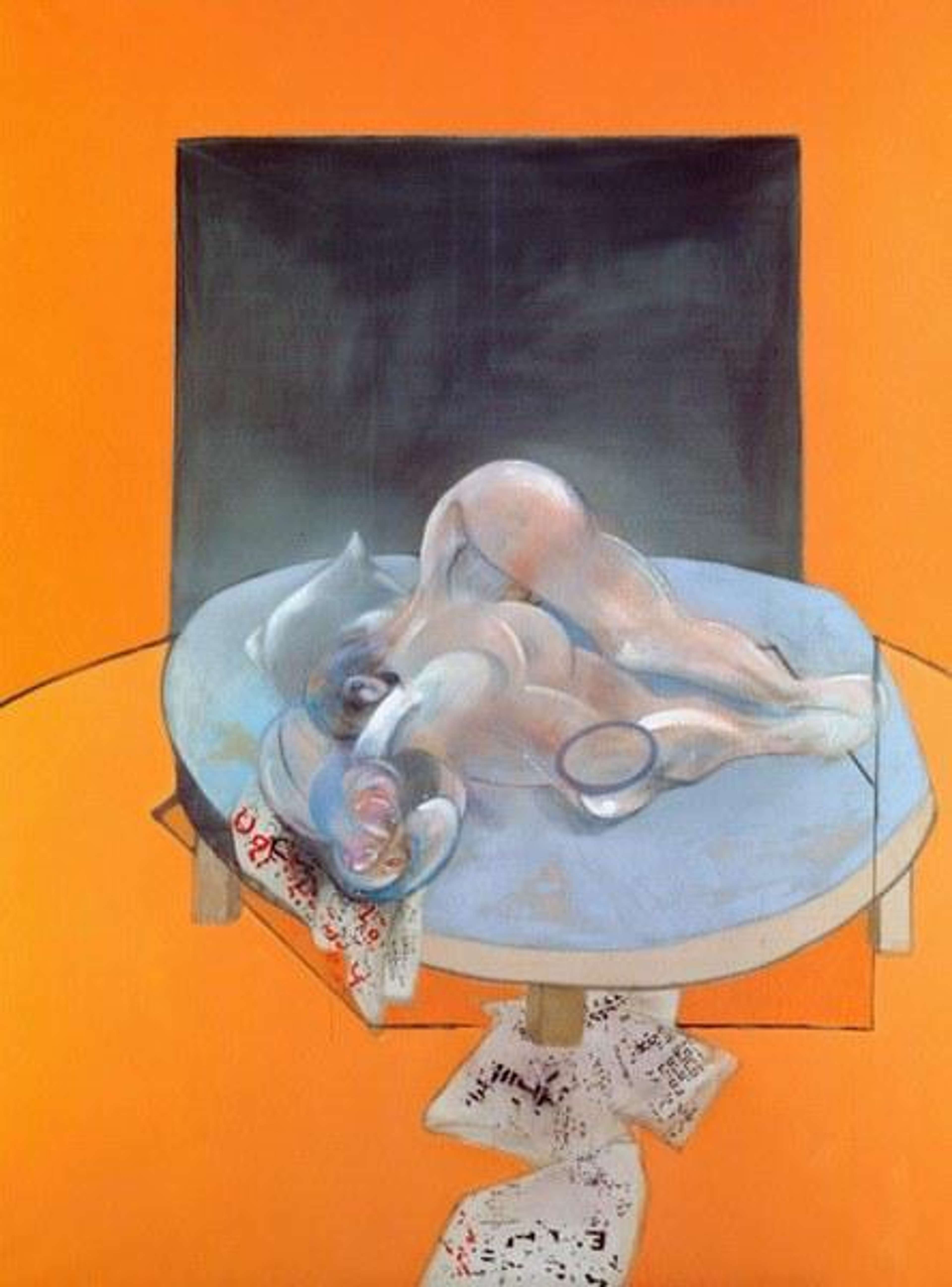 Les Trois Études du Corps Humain (panneau central) de Francis Bacon. Une Peinture Abstraite d'un corps déformé et nu dans un lit rond.