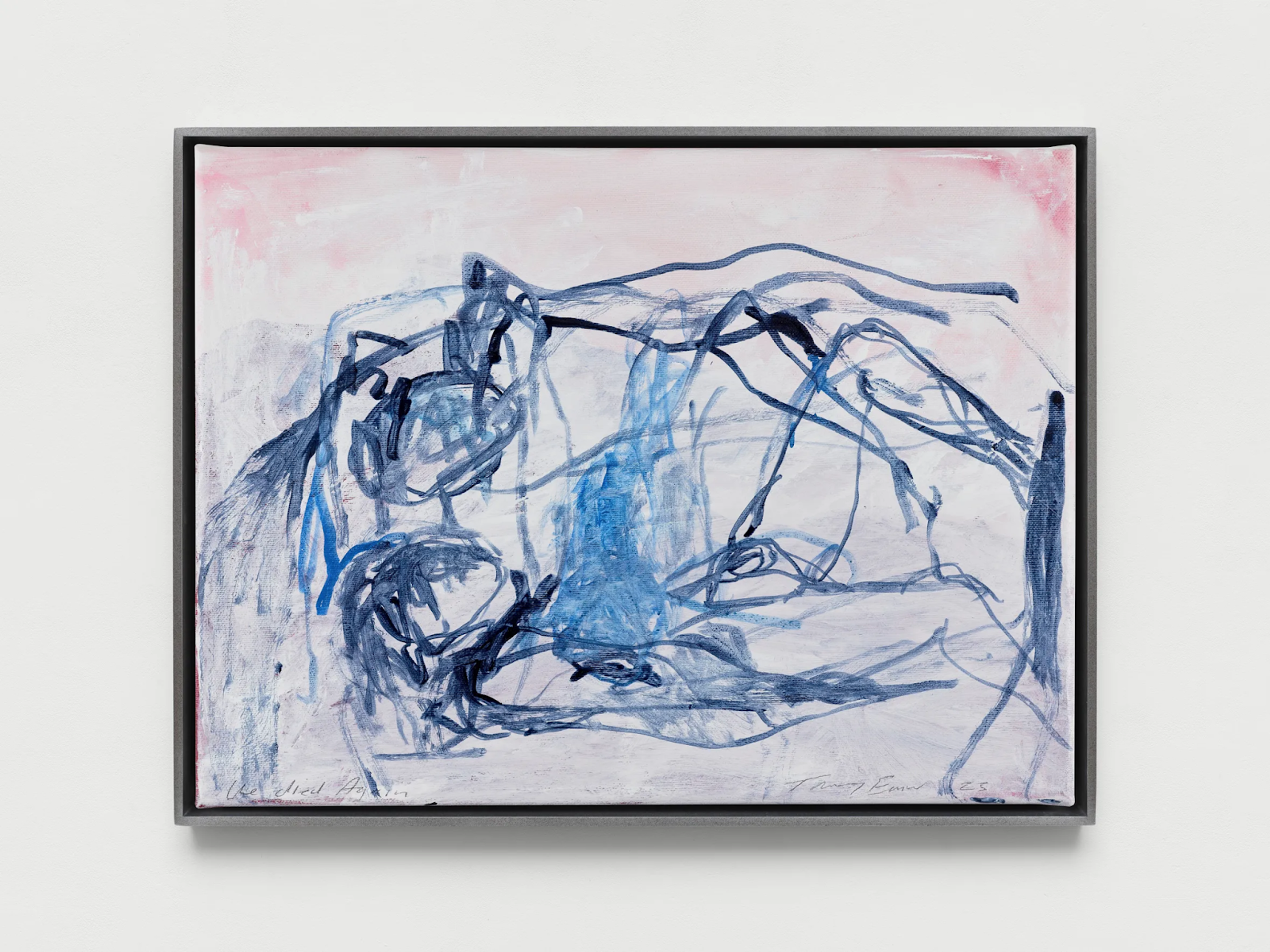 « We Died Again » de Tracey Emin. Un portrait de deux amants au lit, engagés dans un rapport sexuel, exécuté à la peinture bleue sur un fond rose doux.