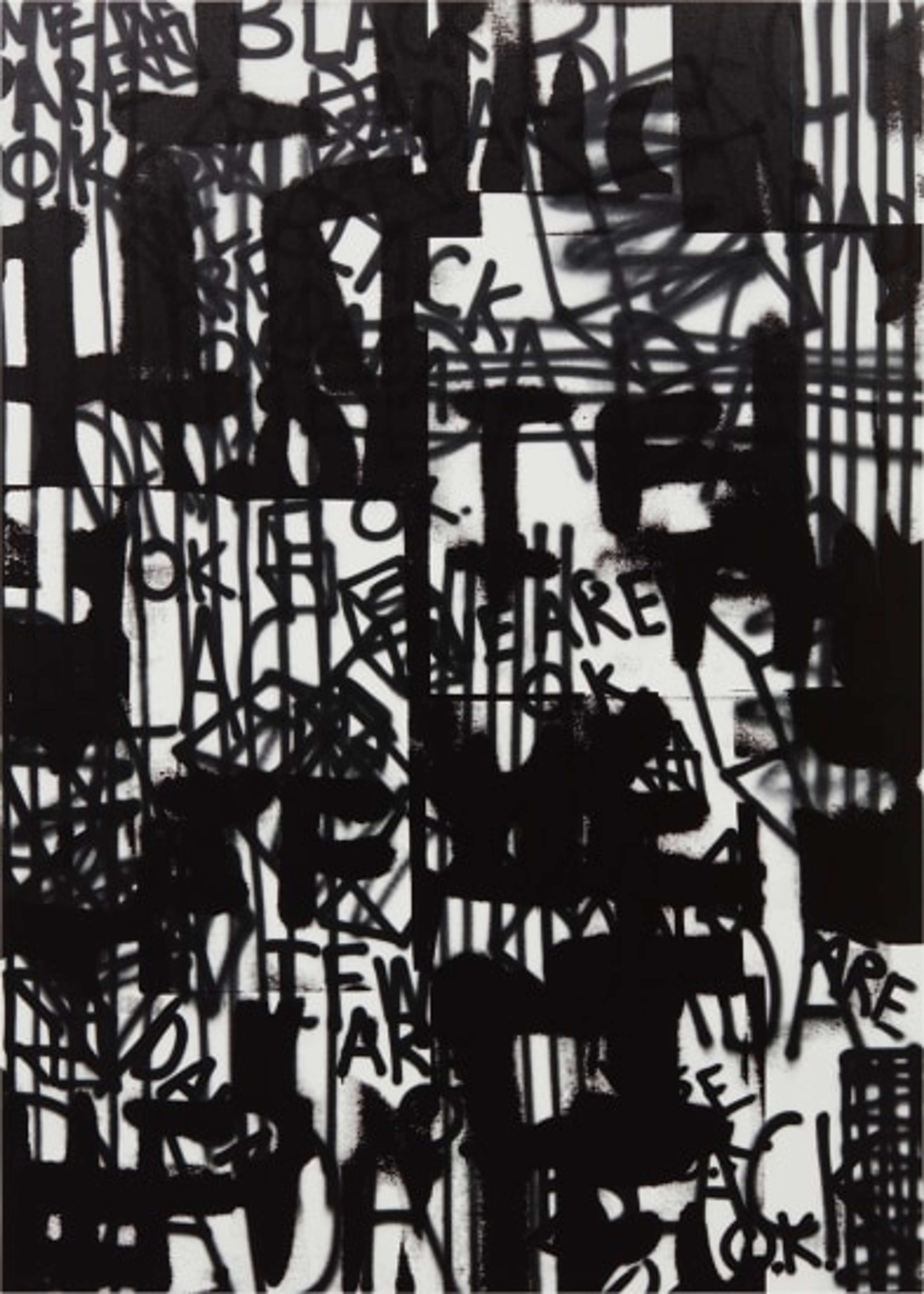 White canvas spray-painted with intersecting vertical and horizontal black lines and stenciled spray-painted illegible words and recognisable letters.