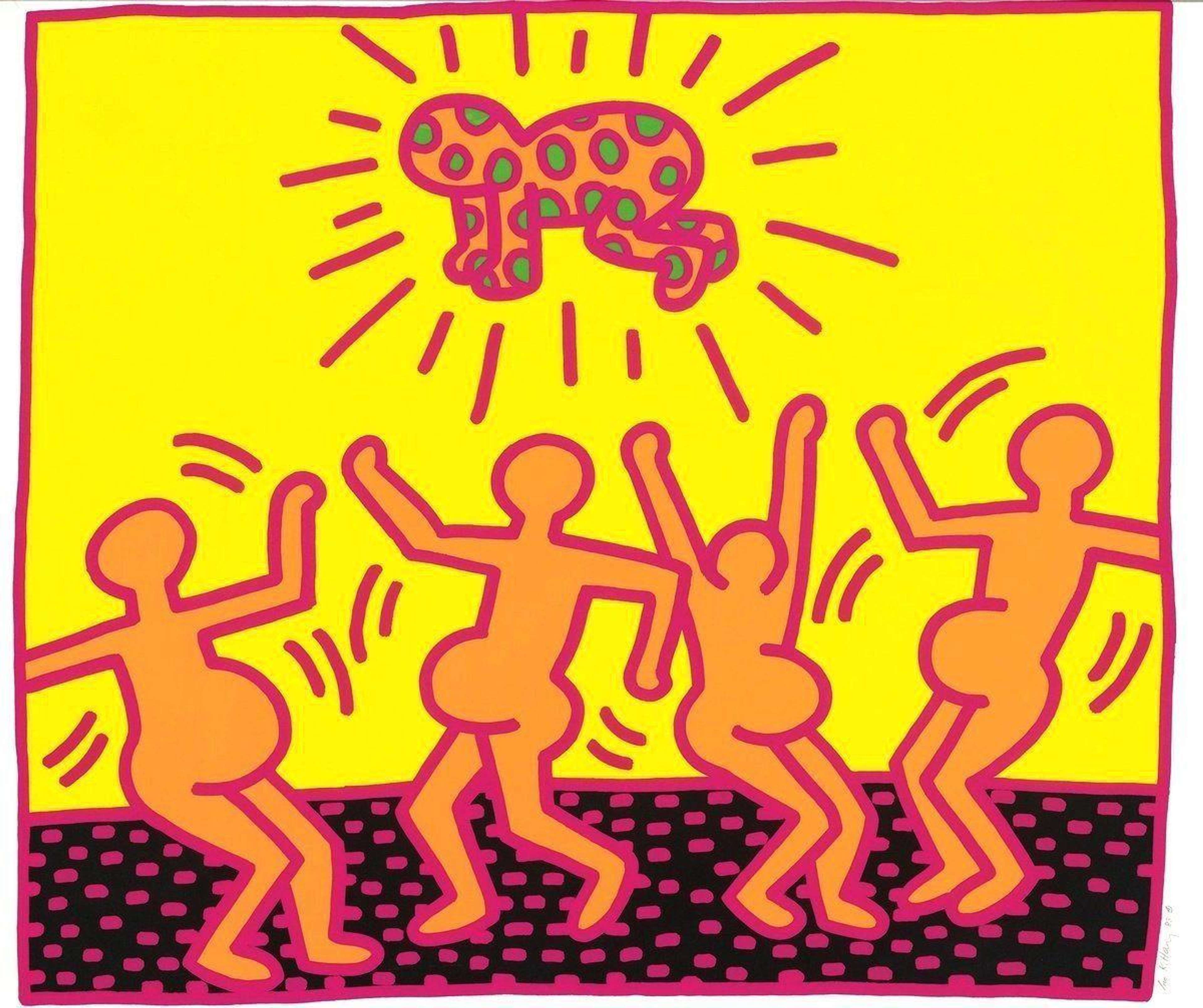 Keith Haring screenprint of orange figures with a radiant baby above on a bright yellow background.