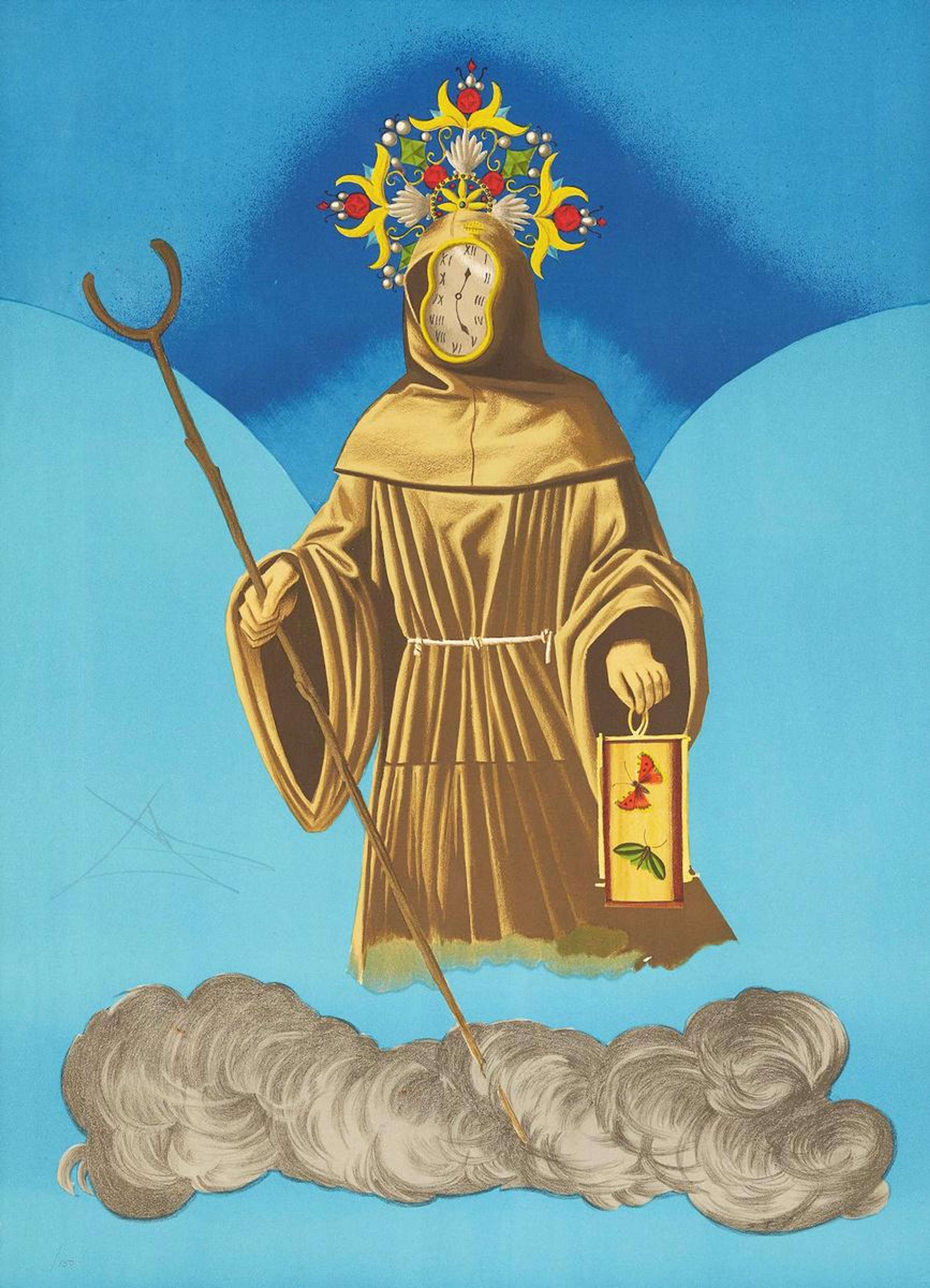 Figure monacale à capuche, avec une horloge à la place du visage, semblant flotter au-dessus d'un nuage et tenant divers objets abstraits