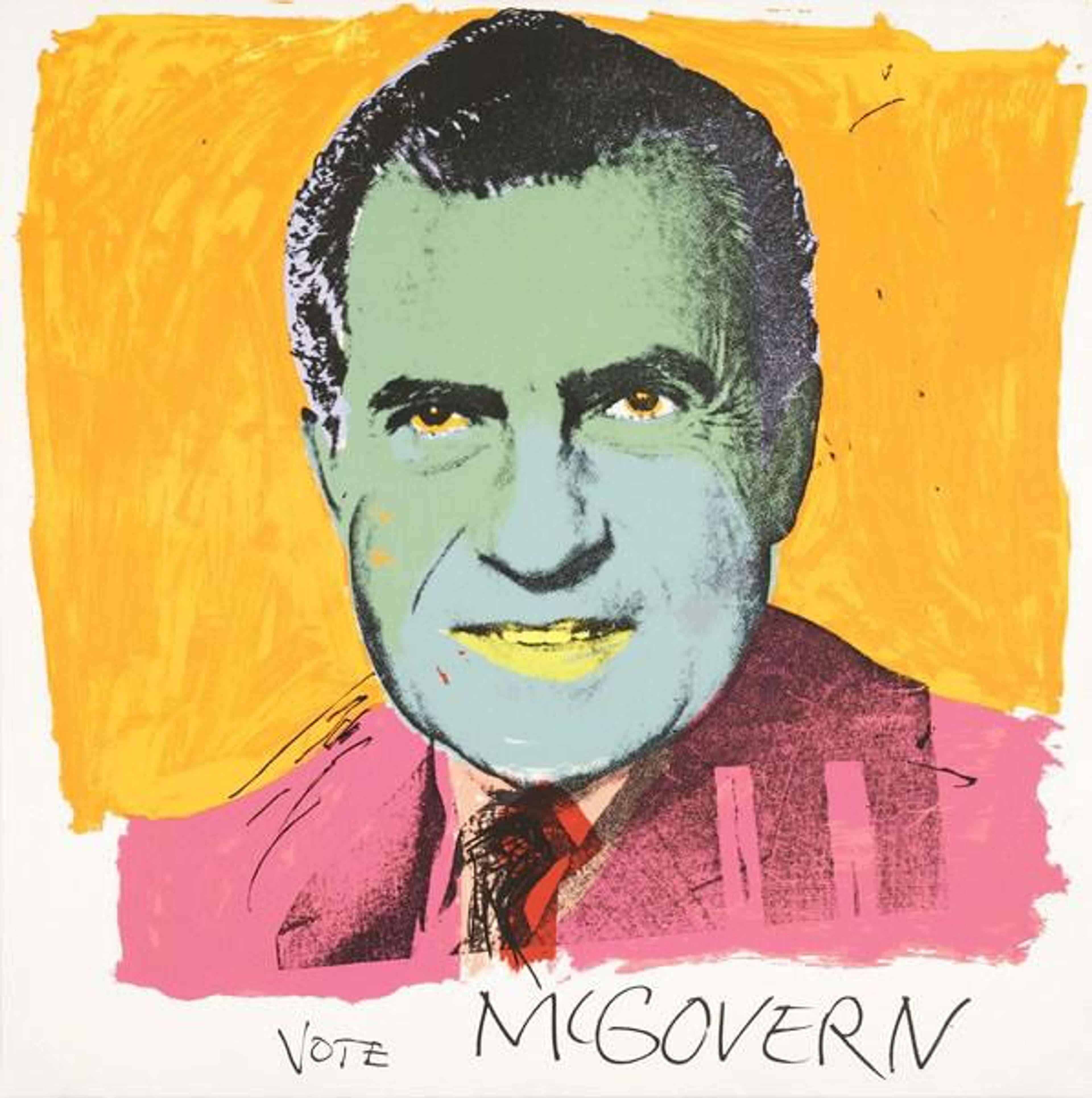 Un portrait de Richard Nixon, dont la peau est rendue en bleu clair avec des teintes jaunes et dont les yeux sont colorés en orange