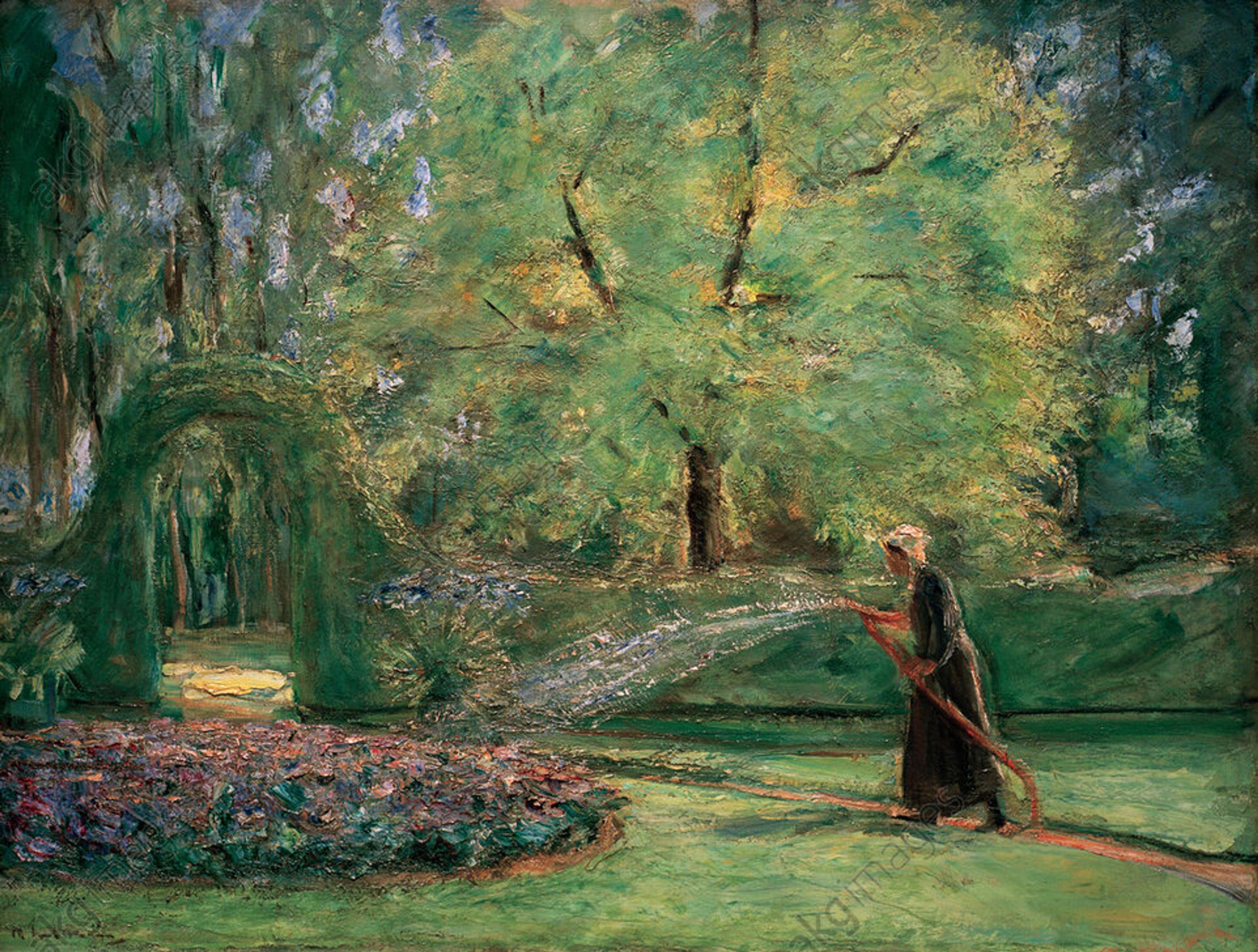 An Impressionistic painting of a circular flowerbed ("rondell") with a woman watering plants using a sprinkler, enclosed by dense hedges. She appears small against the tall, established trees behind her. A hedge arch can be seen behind the flowerbed.