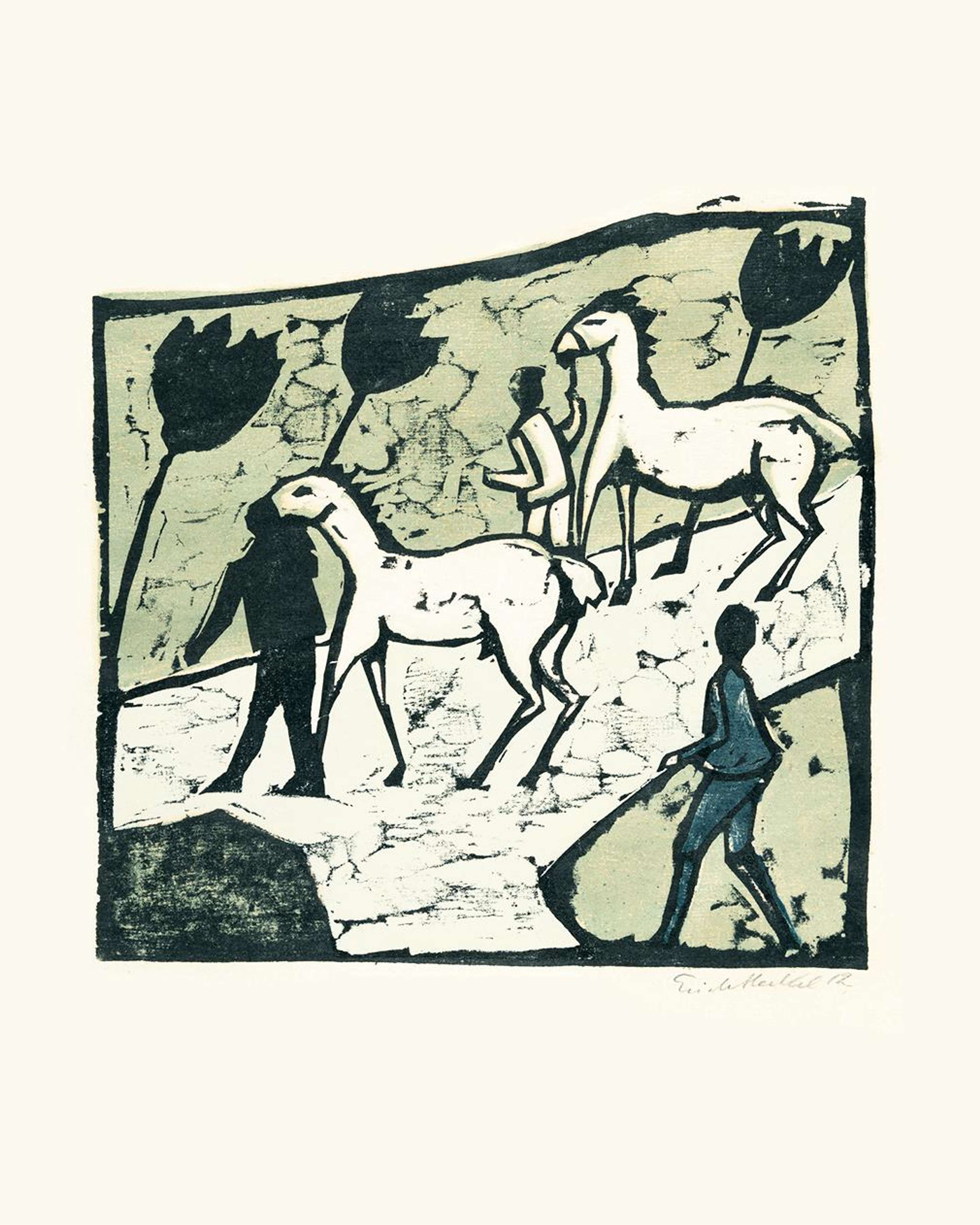 Une estampe en gravure sur bois représentant deux chevaux blancs menés par deux personnages. Un troisième personnage entre dans le cadre par le bas à droite. Les chevaux sont arrivés à un embranchement. Trois arbres derrière eux penchent sous le vent. Les couleurs utilisées sont le vert clair, le blanc et le noir.