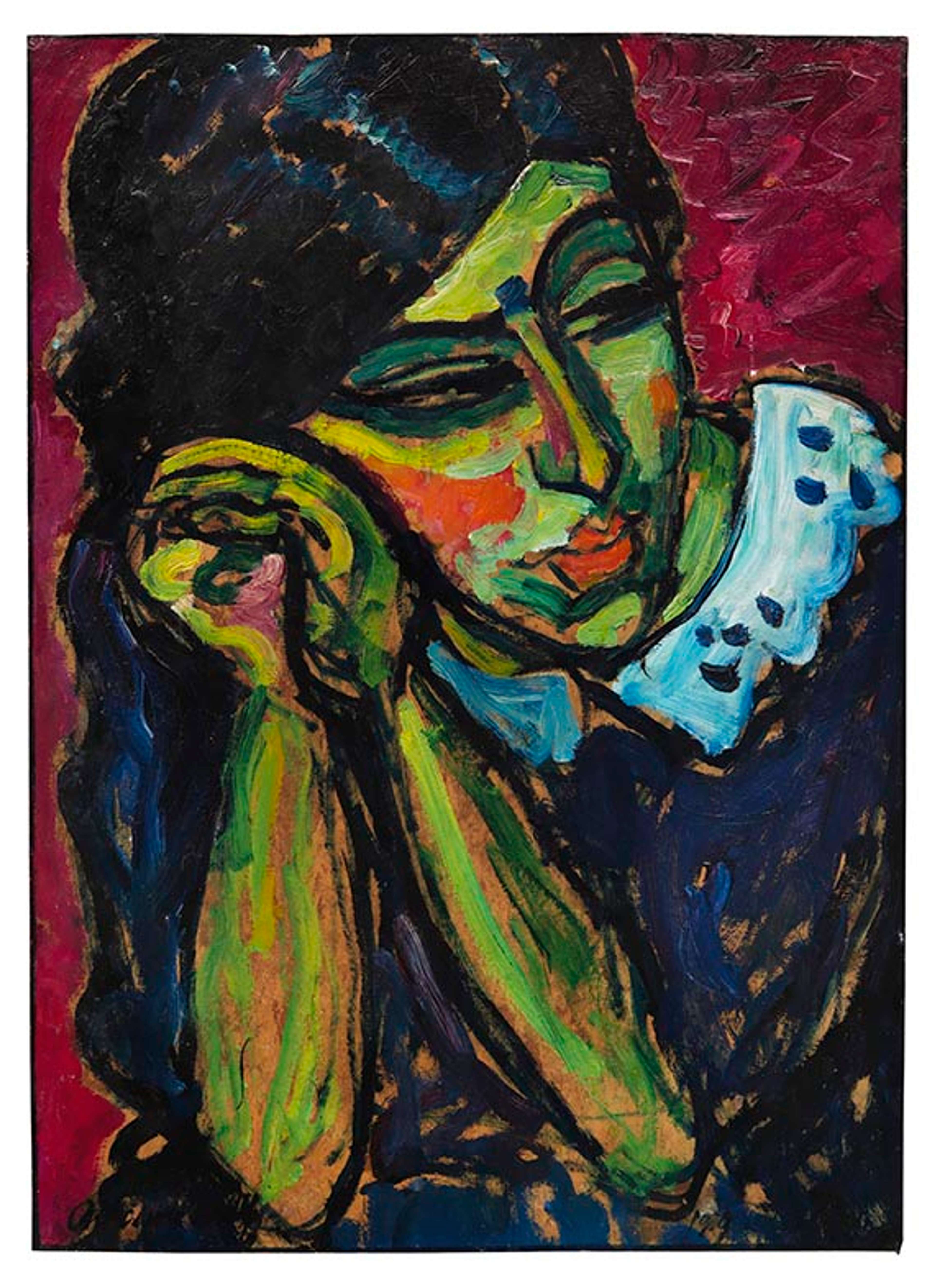 A girl with dark hair tied into a braid over her shoulder. She holds her hands clasped under her cheek and looks to the other side. She wears a dark blue dress with a white collar. Her features are bold and simplified, and her skin is a light shade of green with orange highlights. The colour is applied in rough brushstrokes, so that the cardboard beneath can be seen between them.