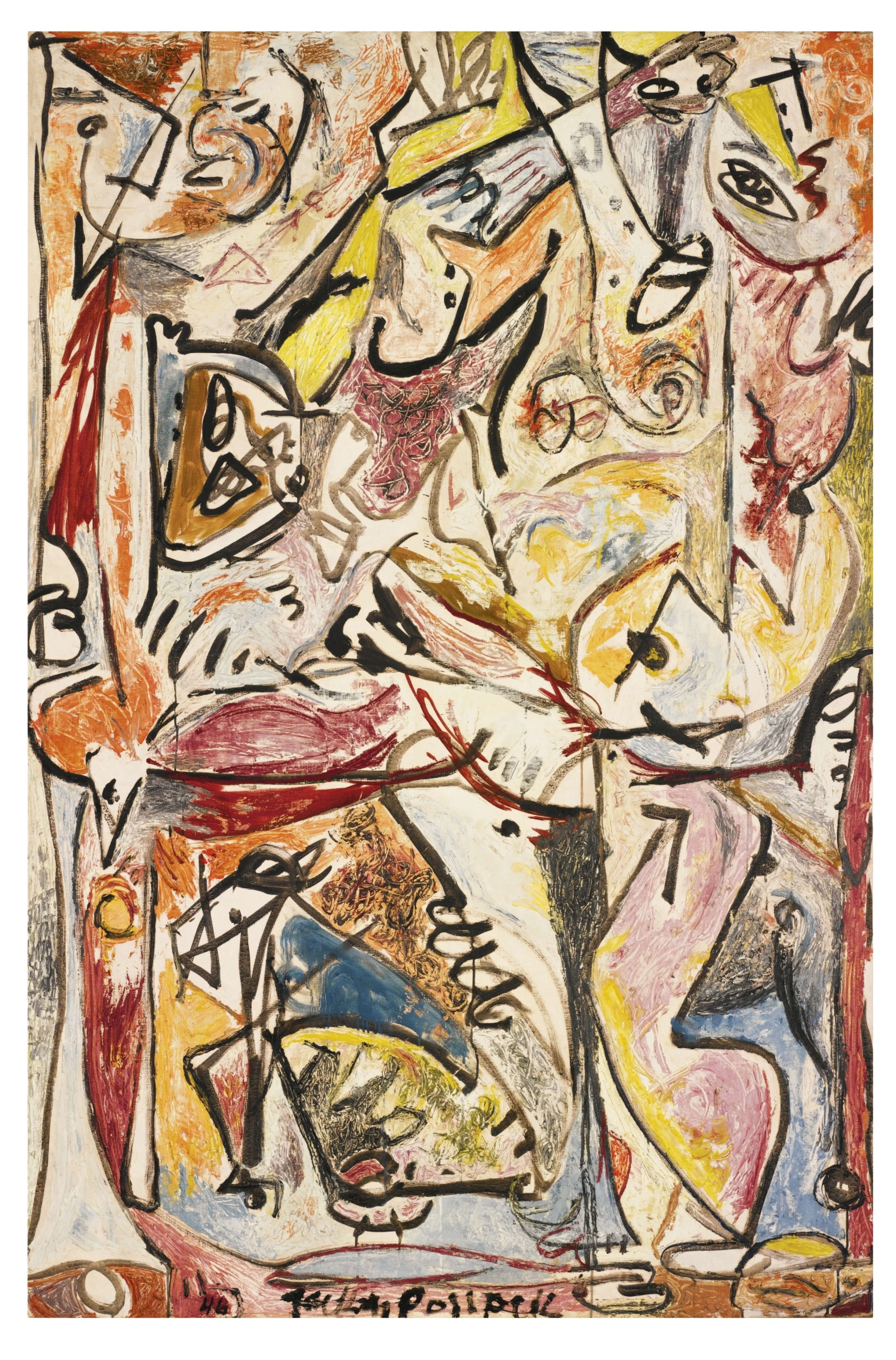 A vertical painting with a lighter background, featuring swirling, gestural brushstrokes in shades of blue, yellow, and red, with loose black outlines. The composition is more figurative, with organic shapes and forms that suggest faces and bodies emerging from the abstract, dreamlike surface