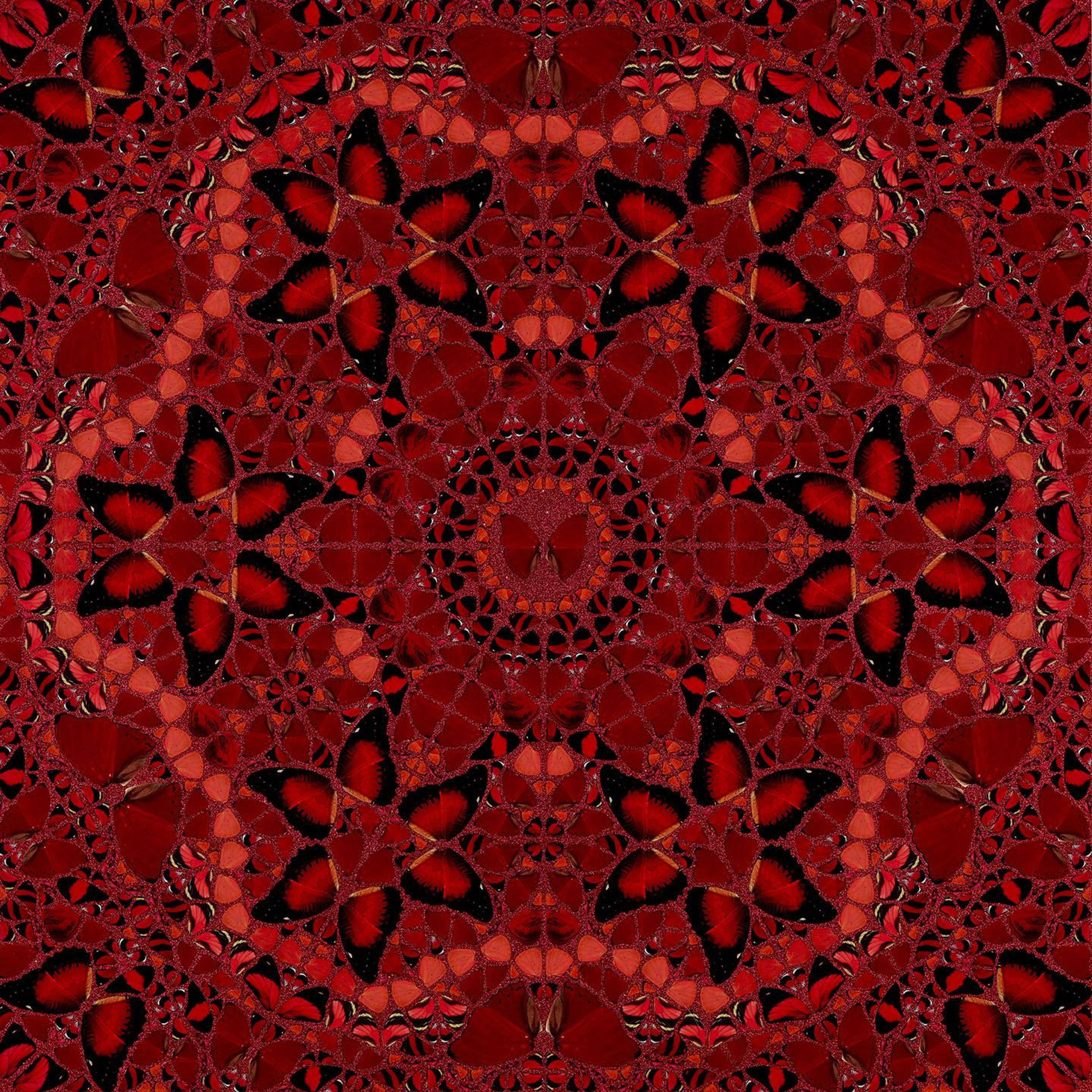 The print shows a captivating pattern composed of butterflies. The composition is dominated by a bold red which is accompanied by other red tones and black detailing. The butterflies are arranged in a hexagonal pattern.