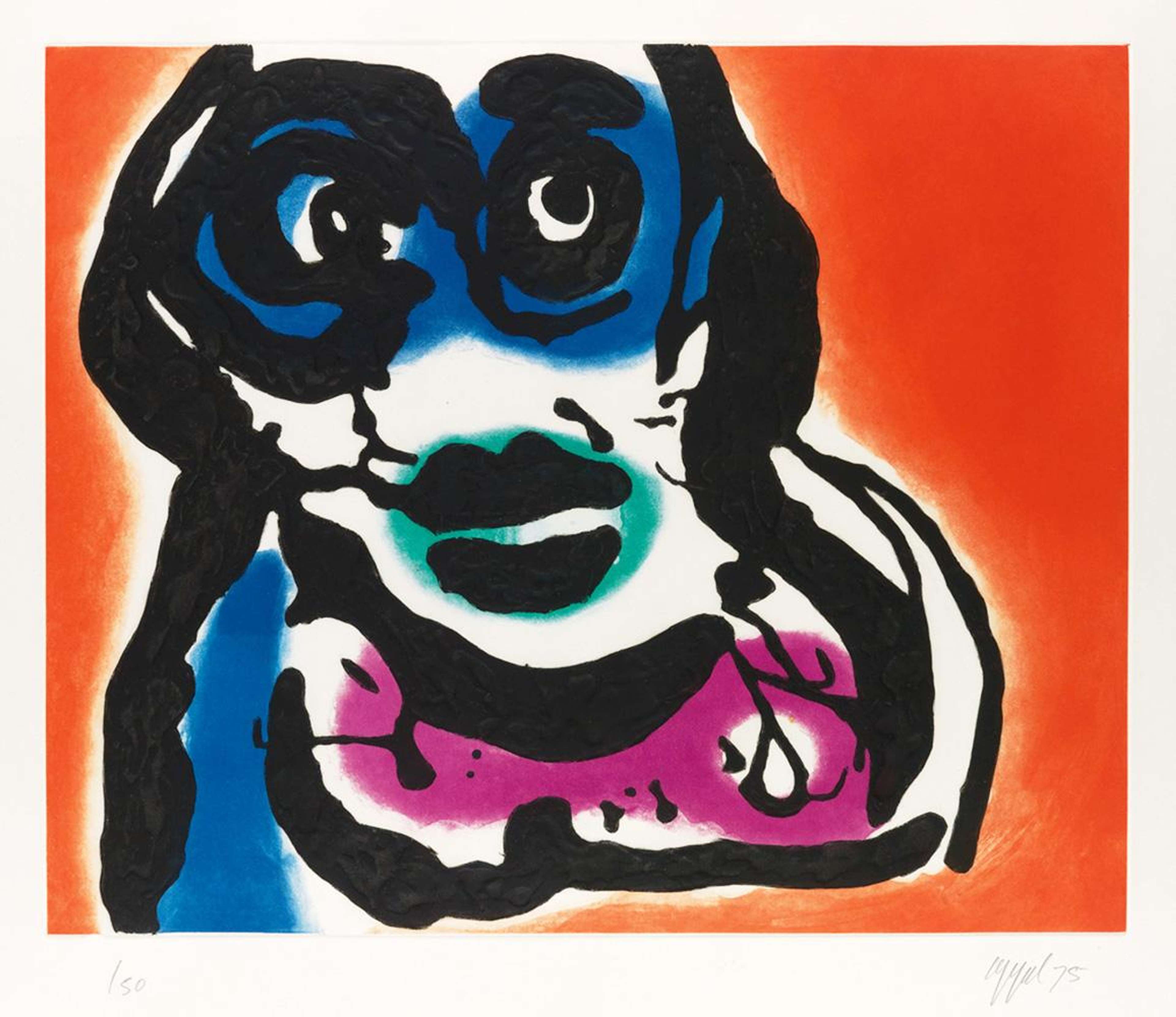 Un portrait troublant d'un acteur sur une scène de Broadway. Ses traits sont exagérés par de larges lignes noires, rehaussés de touches de bleu, de rose et de turquoise. Le fond blanc de la figure se fond dans l'orange qui l'entoure, lui donnant une apparence lumineuse.