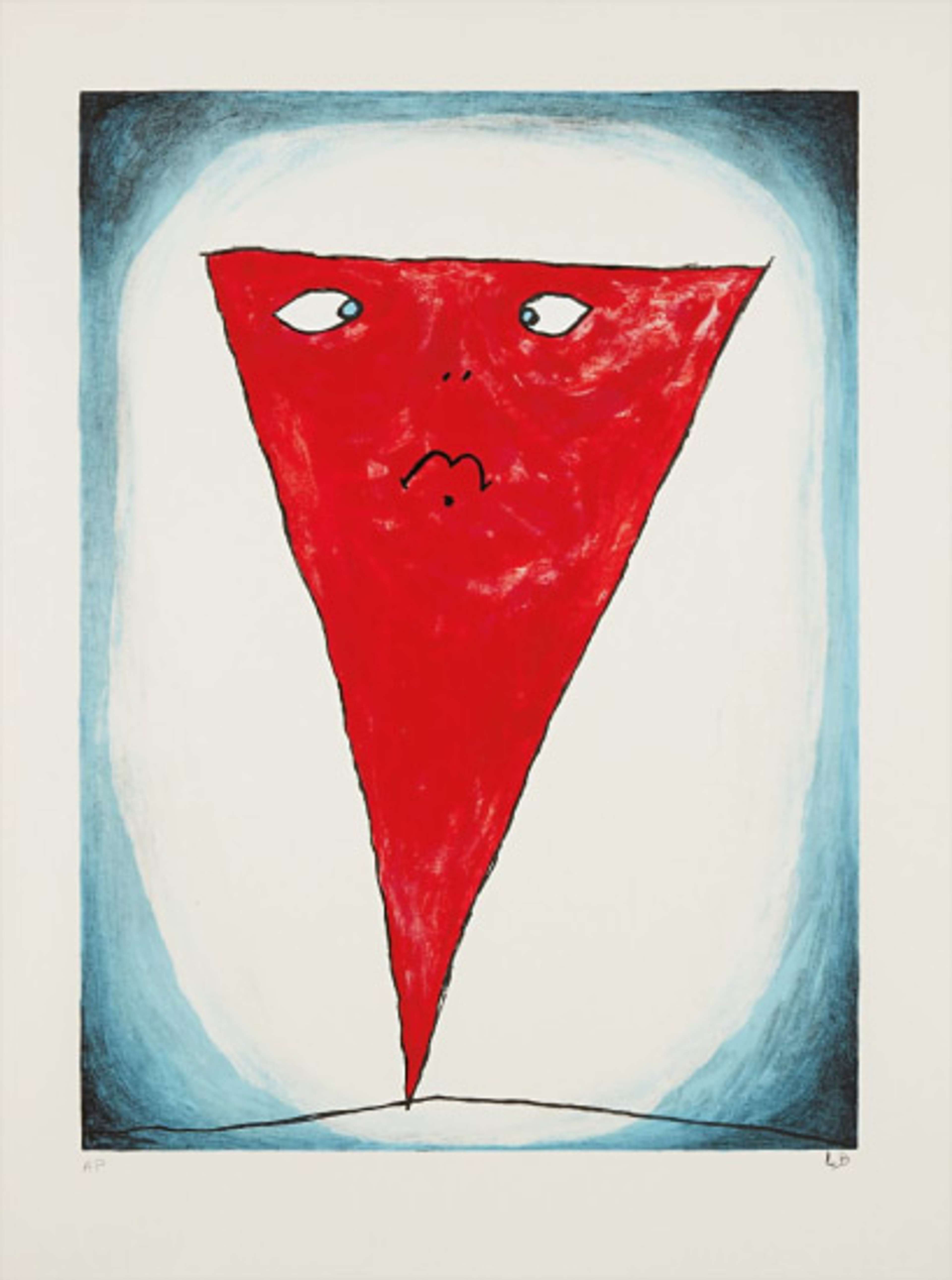 The Guilty Girl is Fragile de Louise Bourgeois. L'estampe présente un triangle rouge inversé orné d'un visage triste.