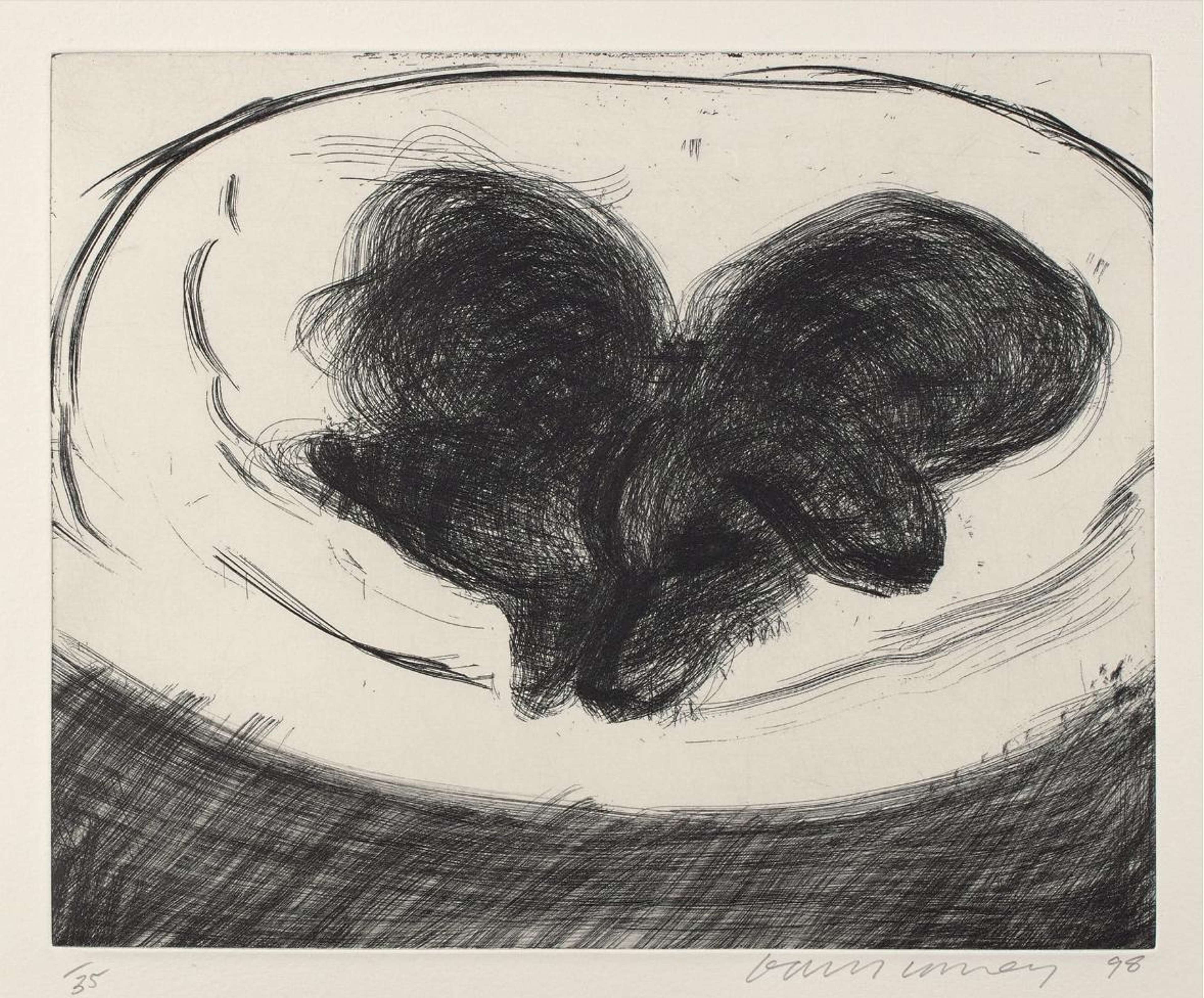 A monochrome etching showing two dachshunds curled up asleep, their bodies forming a gentle arc across the page.
