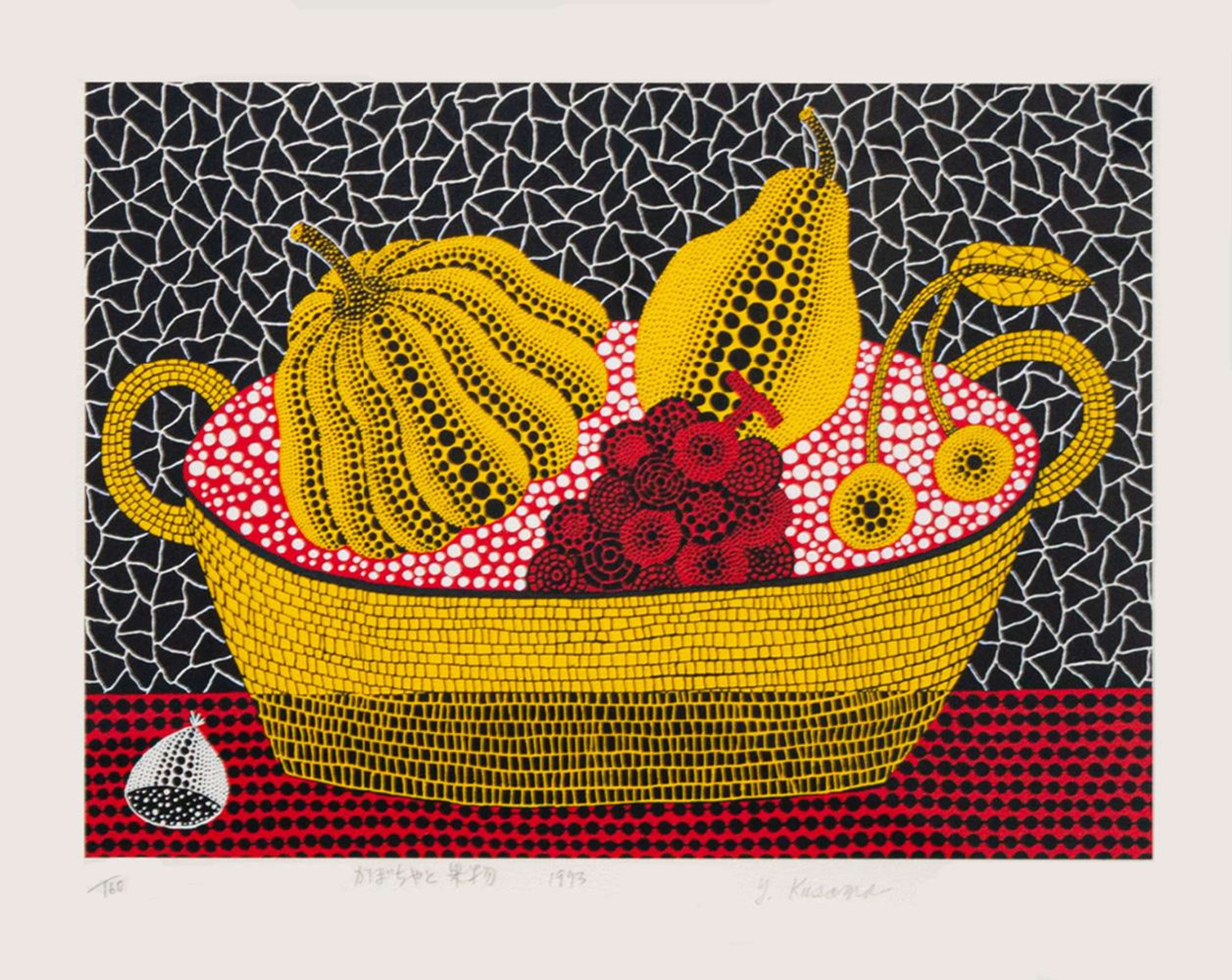 A screenprint of pumpkins and assorted fruit rendered in bold, primary colours, unified by Kusama’s signature dots and nets.