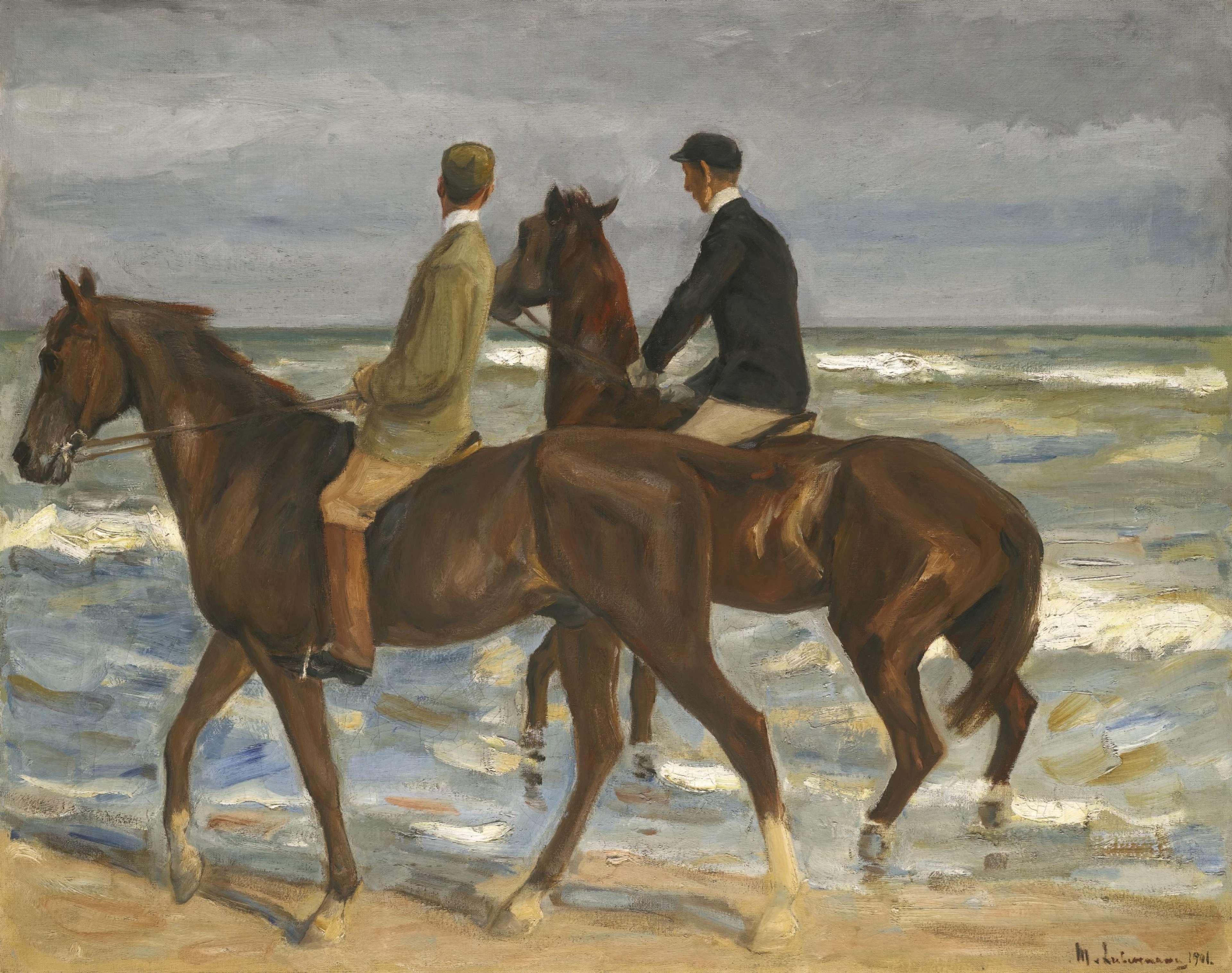 A painting of two horseback riders conversing along a sandy beach shoreline, with soft waves and a muted sky in the background.