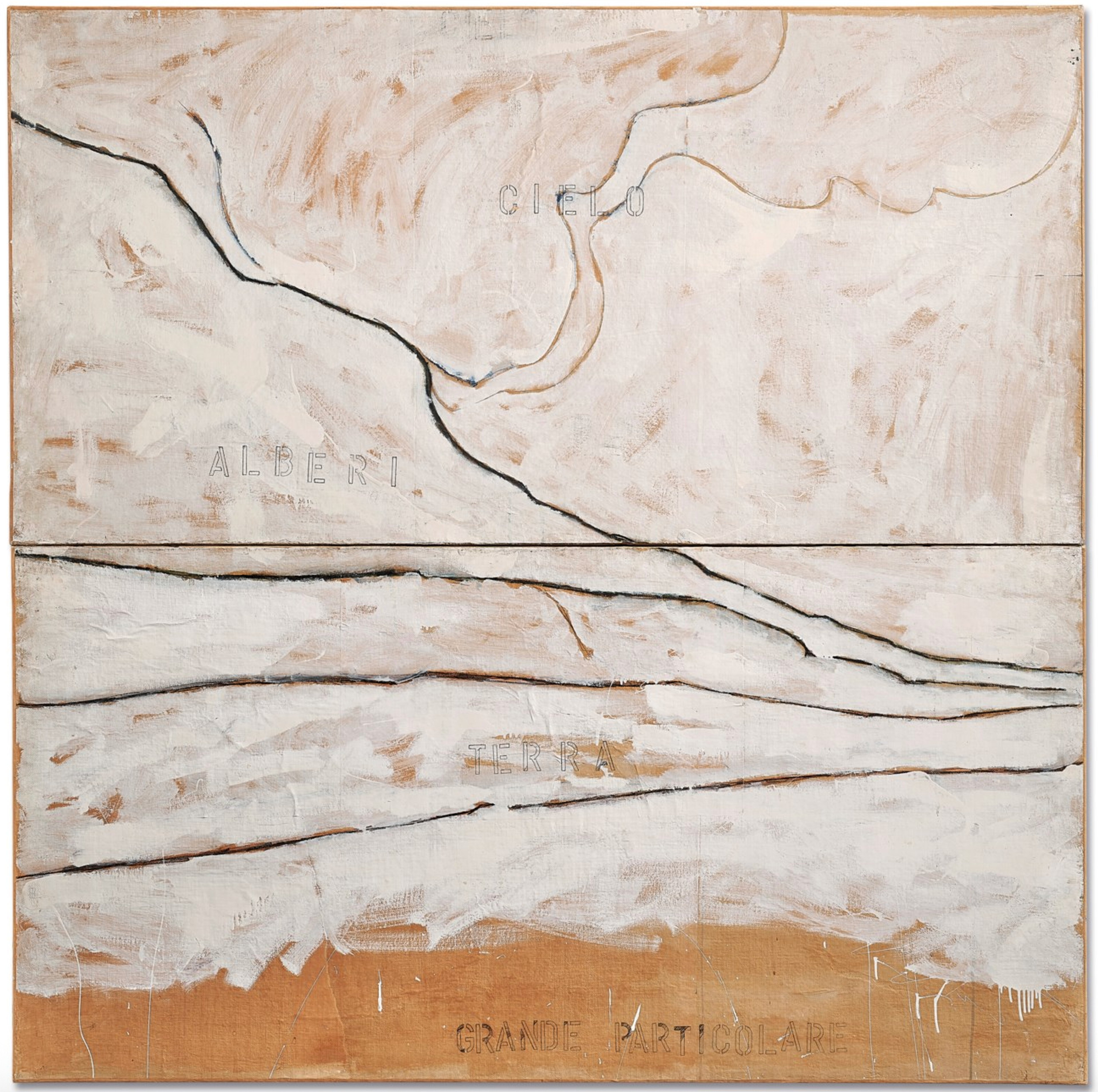 A large, beige-brown canvas painted with rough white brushstrokes that cover most of the surface apart from a section along the base. Lines have been carved into the white paint, suggesting a rocky hillside and the layers of earth underneath. The uppermost area is labelled “CIELO” in simple capital letters, then the section below is labelled “ALBERI,” then “TERRA,” and then “GRANDE PARTICOLARE” on the exposed brown canvas section.