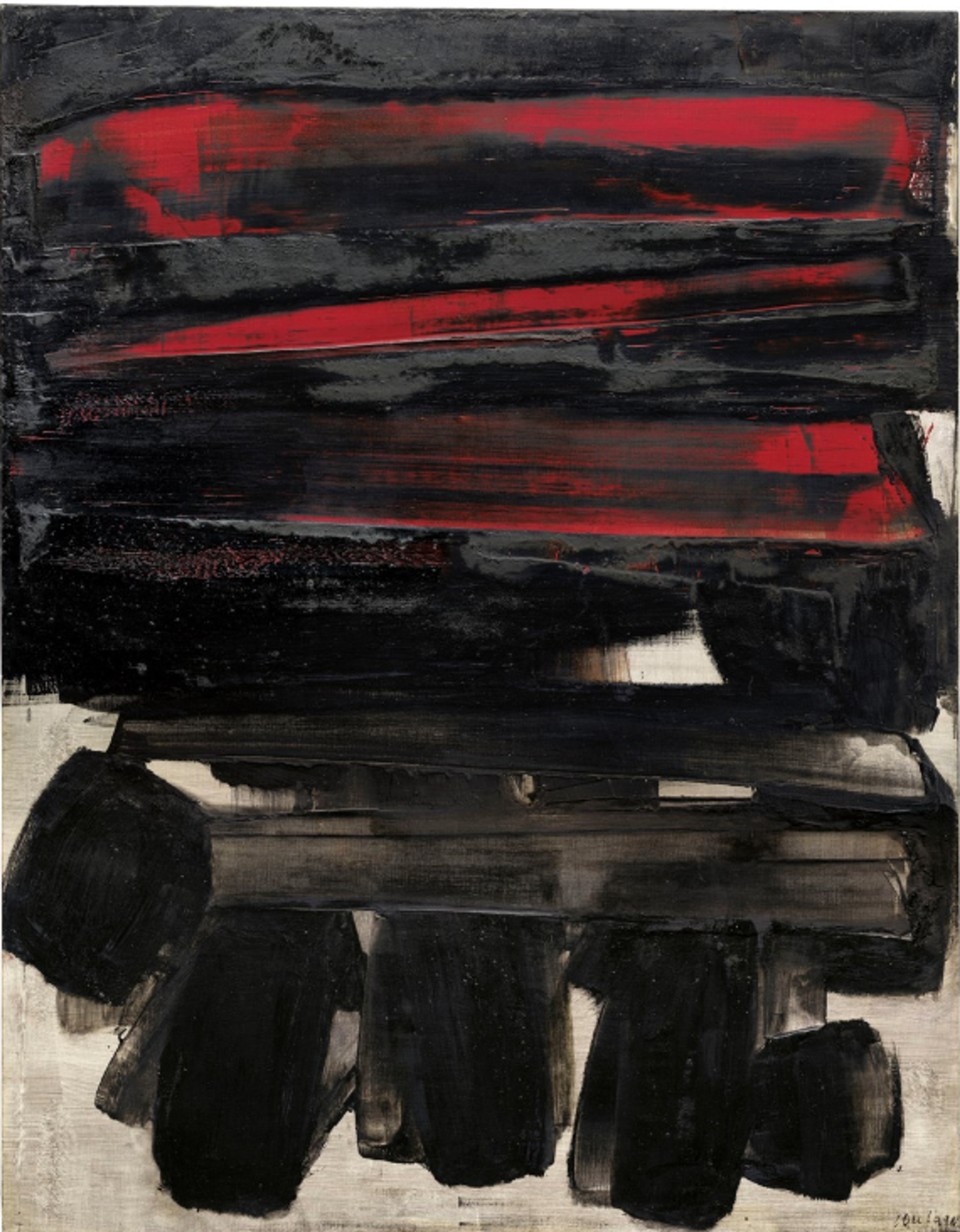An abstract painting with short, vertical black brushstrokes against a pale background in the lower half and horizontal bands of black across against a red underpainting in the upper half.