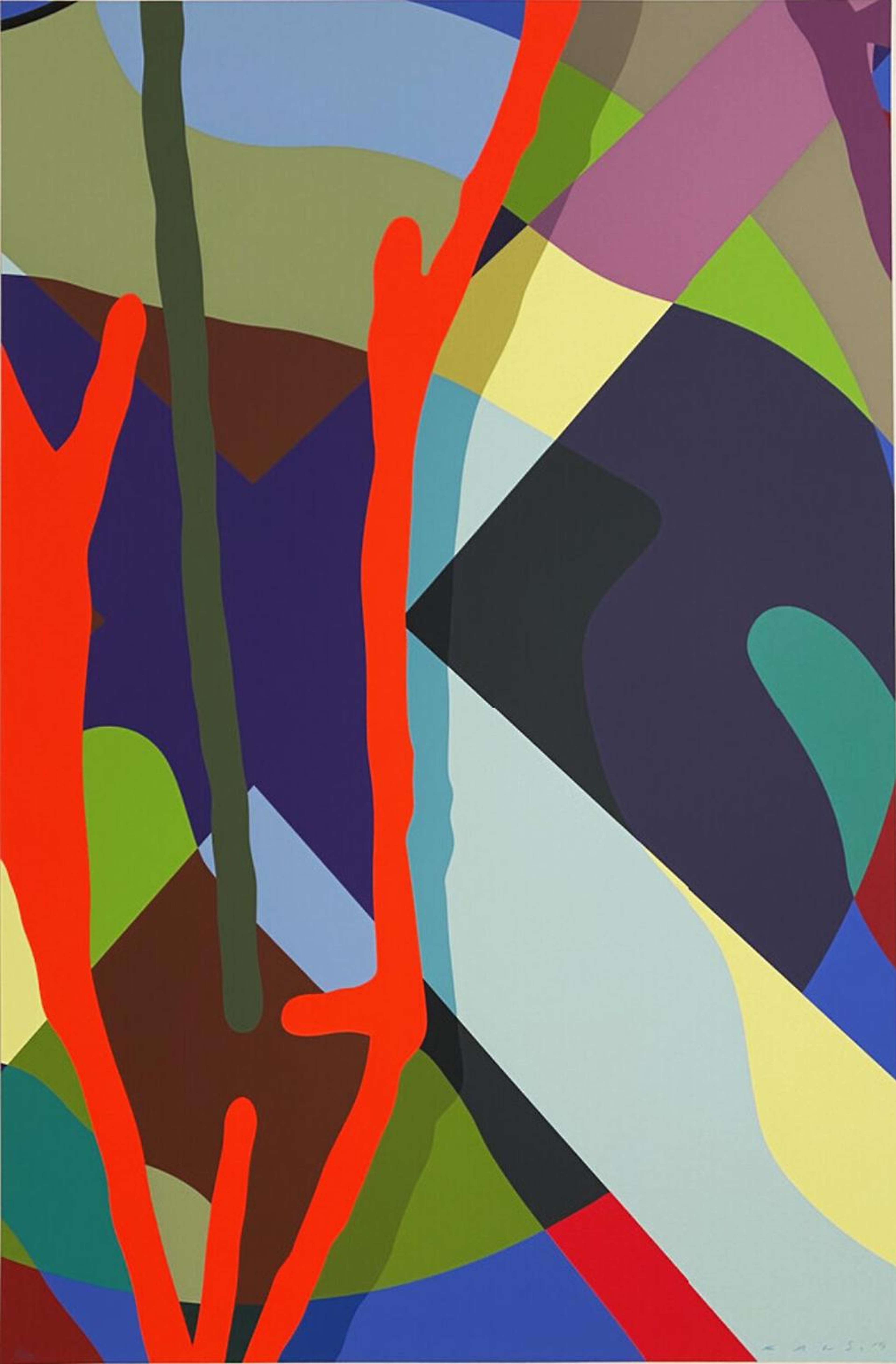 KAWS, « Tension 7 ». Une sérigraphie représentant des formes et des lignes aux motifs de graffiti dans diverses couleurs.