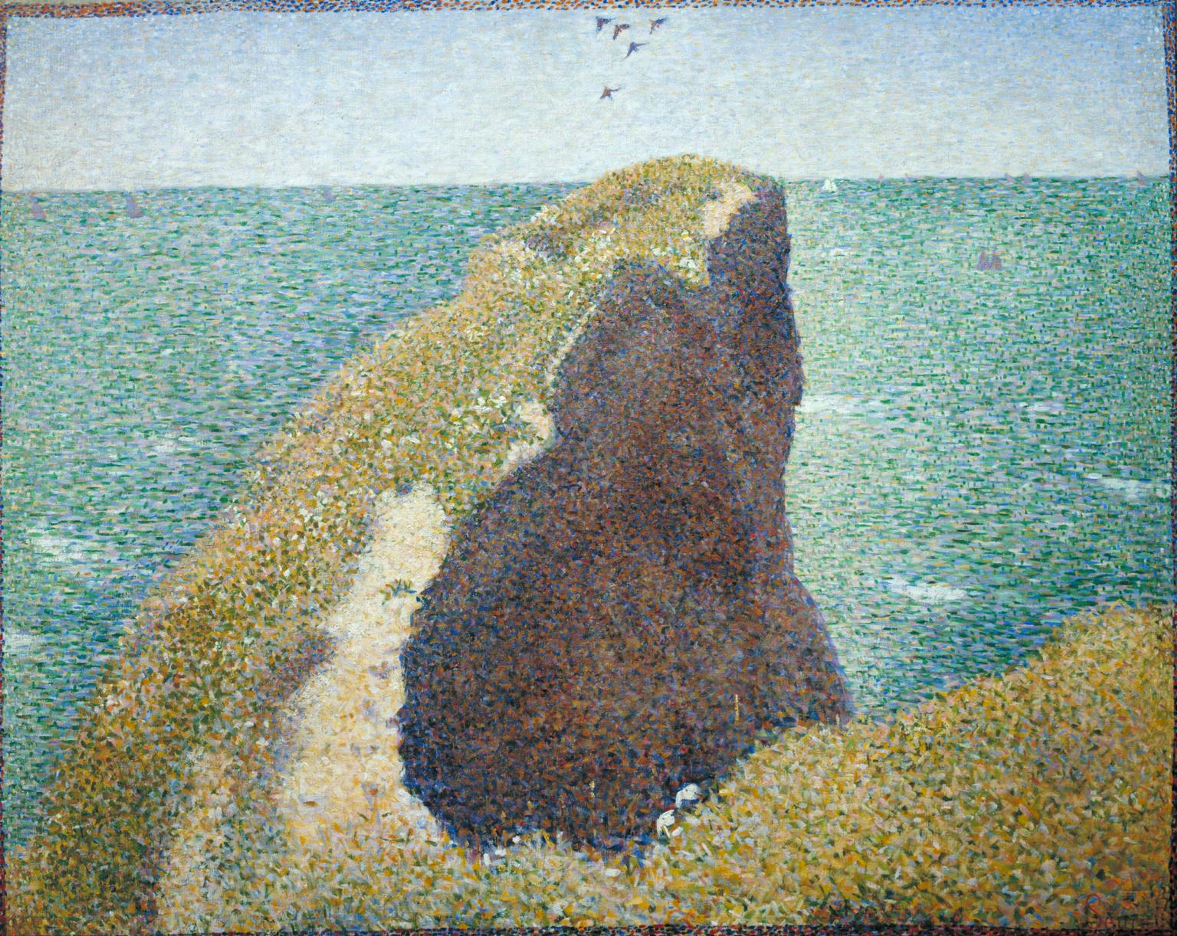 Une vue de falaise surplombant la mer sur la côte normande par Georges Seurat. La composition plus large est réalisée à partir de points plus petits, de couleurs variées.