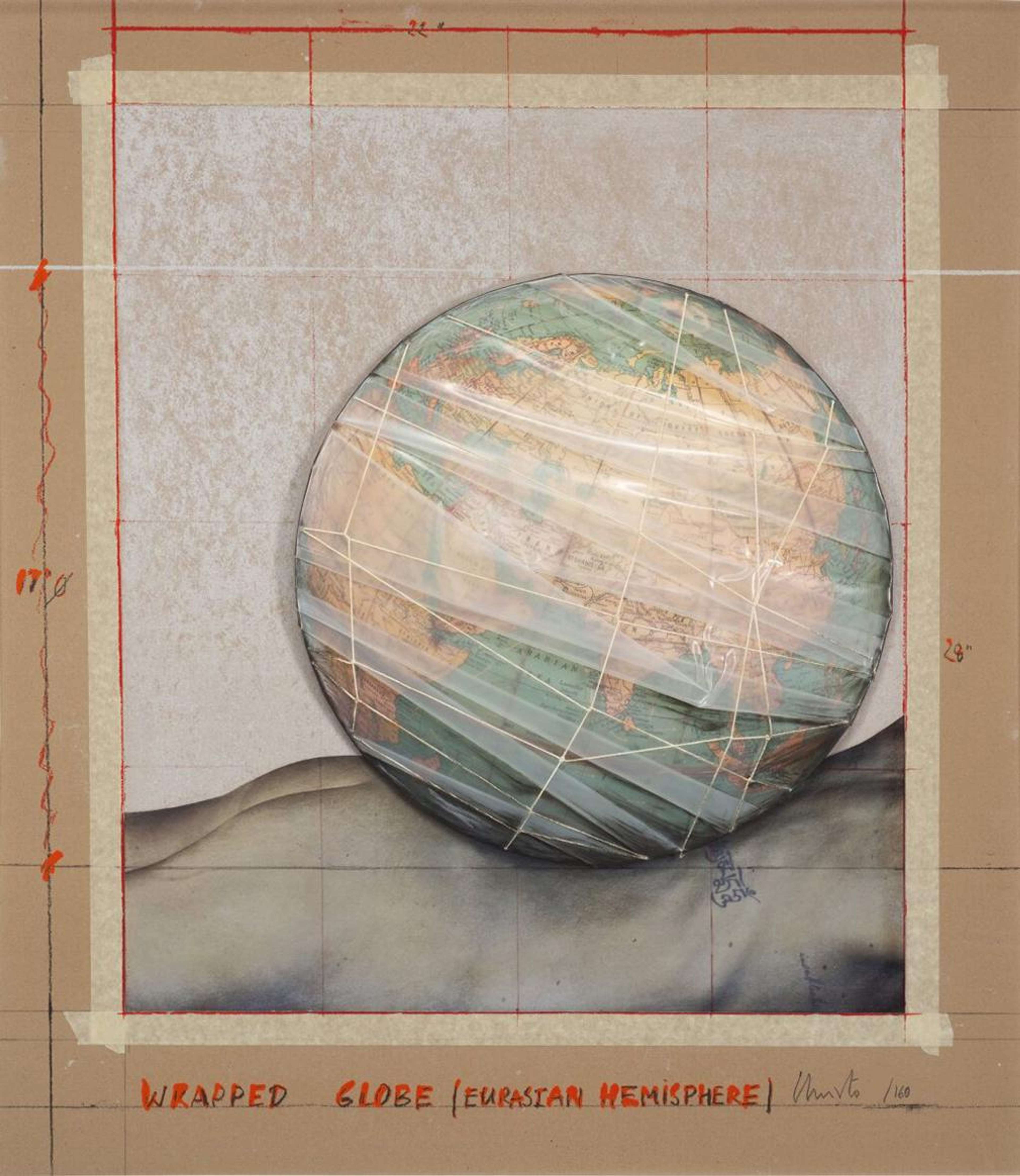 Une estampe planographique représentant un globe terrestre, posé sur le dos nu d'un être humain, enveloppé de plastique semi-transparent et de cordes. Autour du bord se trouvent des bandes de ruban adhésif issues du collage original, des lignes de grille au crayon rouge et des mesures. En bas, le titre de l'œuvre est inscrit au crayon rouge.