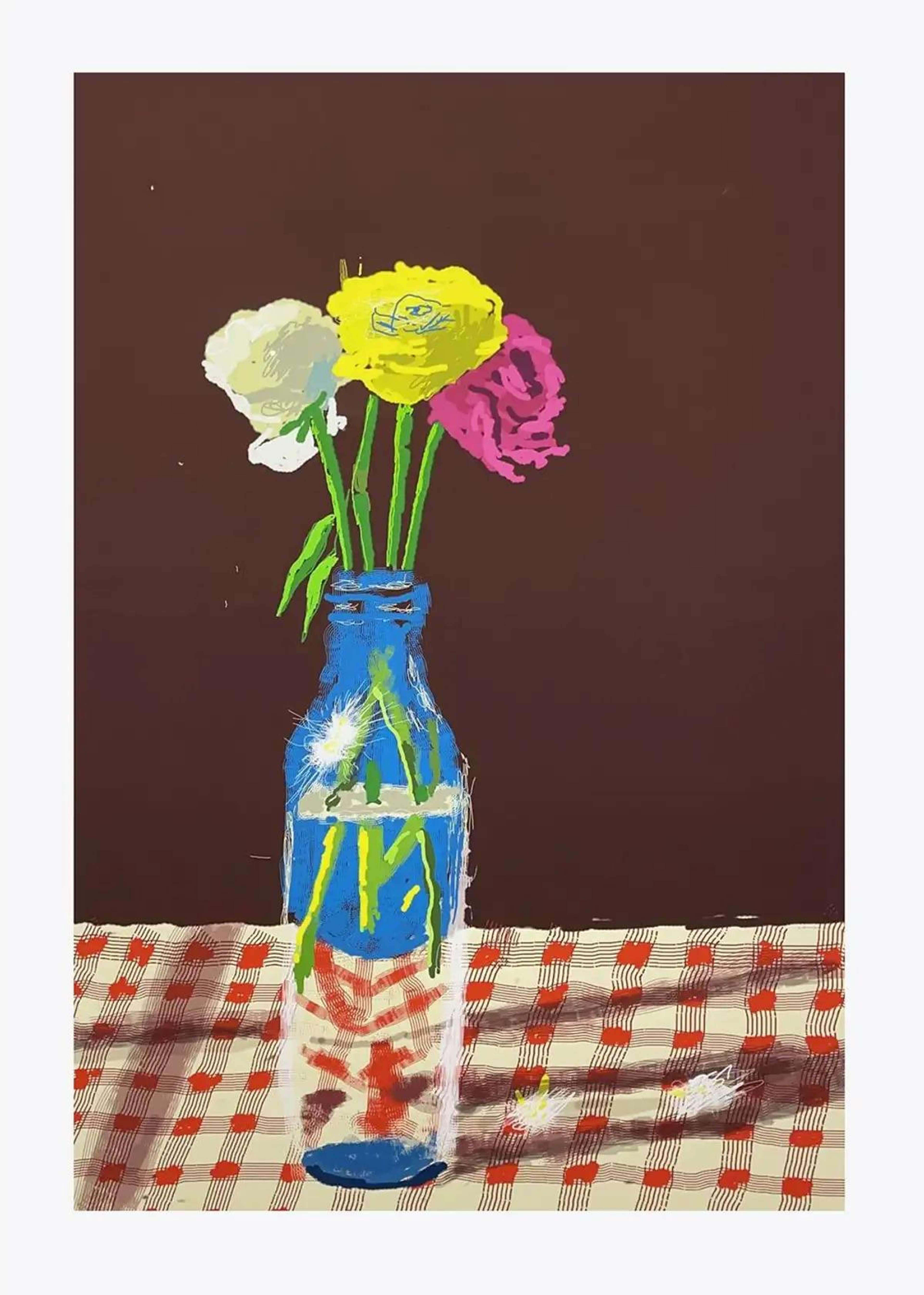 David Hockney digital print of three roses in a clear milk bottle on a red checked tablecloth against a dark background