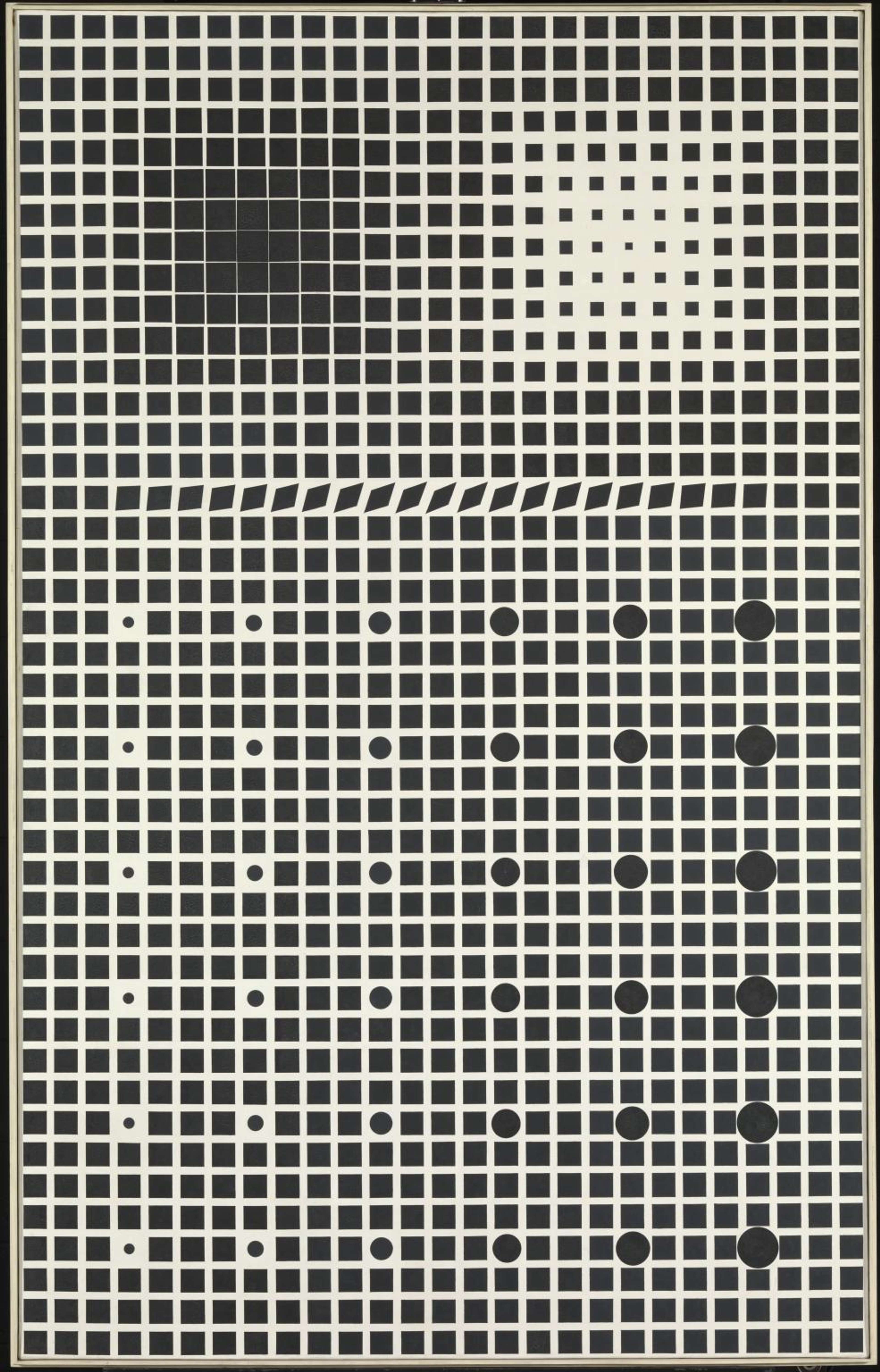 La peinture présente un motif en forme de grille composé de formes géométriques emboîtées dans des couleurs monochromes, créant deux carrés optiquement contrastés dans la partie supérieure de l'œuvre et une série de plus petits carrés dans la partie inférieure, séparés par un réseau de cercles.