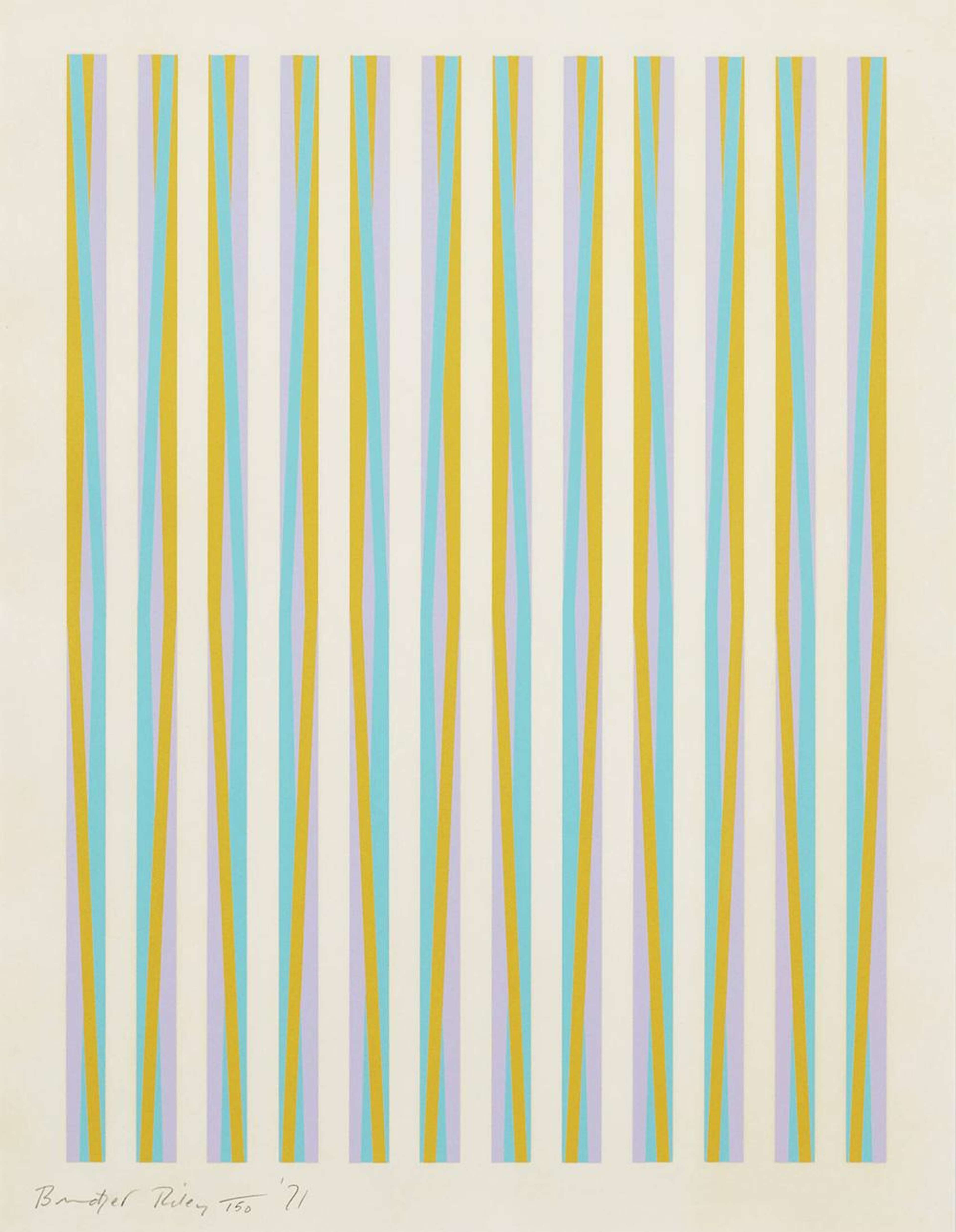 Bridget Riley screenprint of vertical pink, yellow and coloured bands creating rhythmic optical movement.