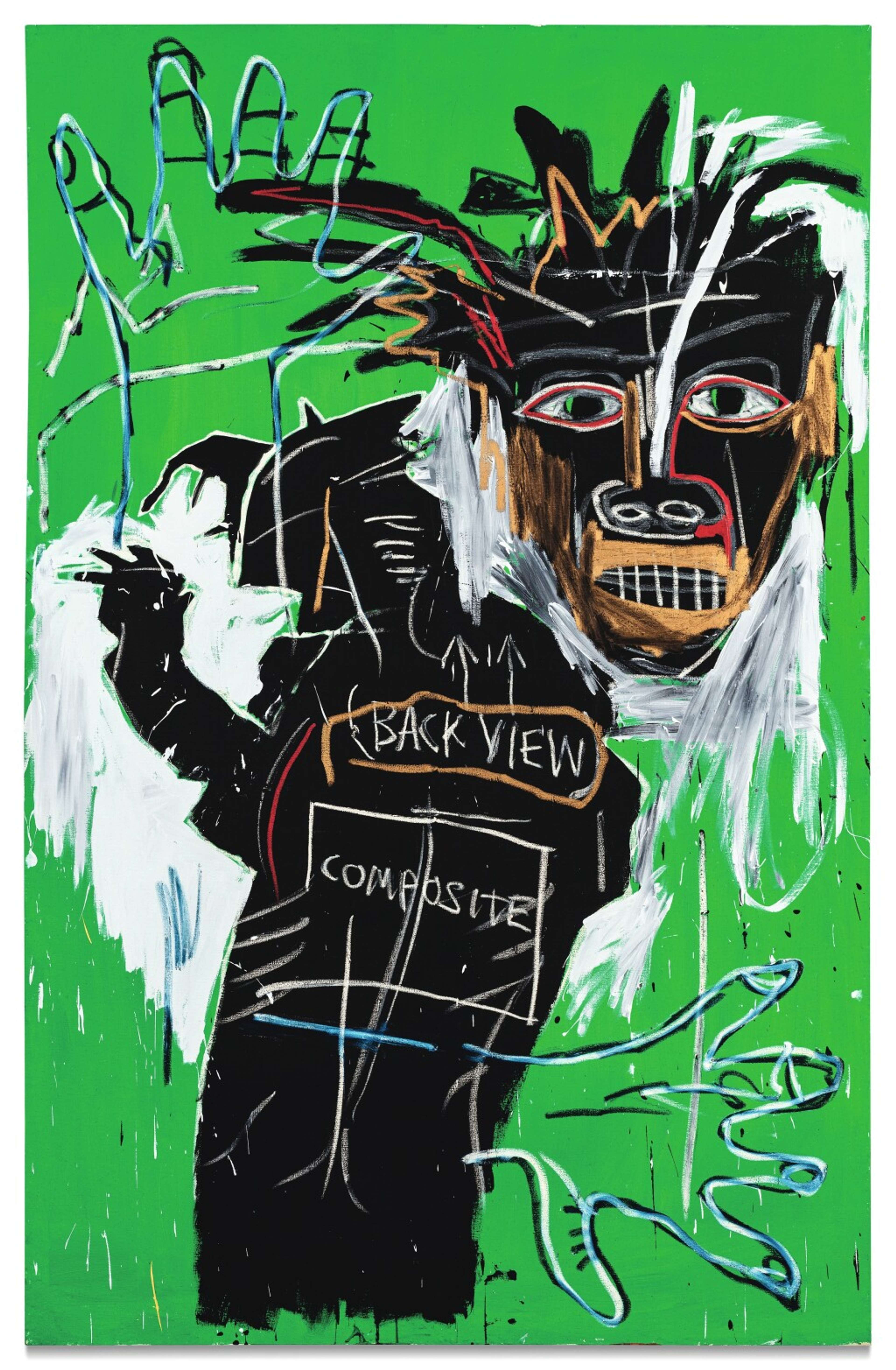 An image depicting an abstract figure from the back, with its head turning to face the viewer, against a bright green background.