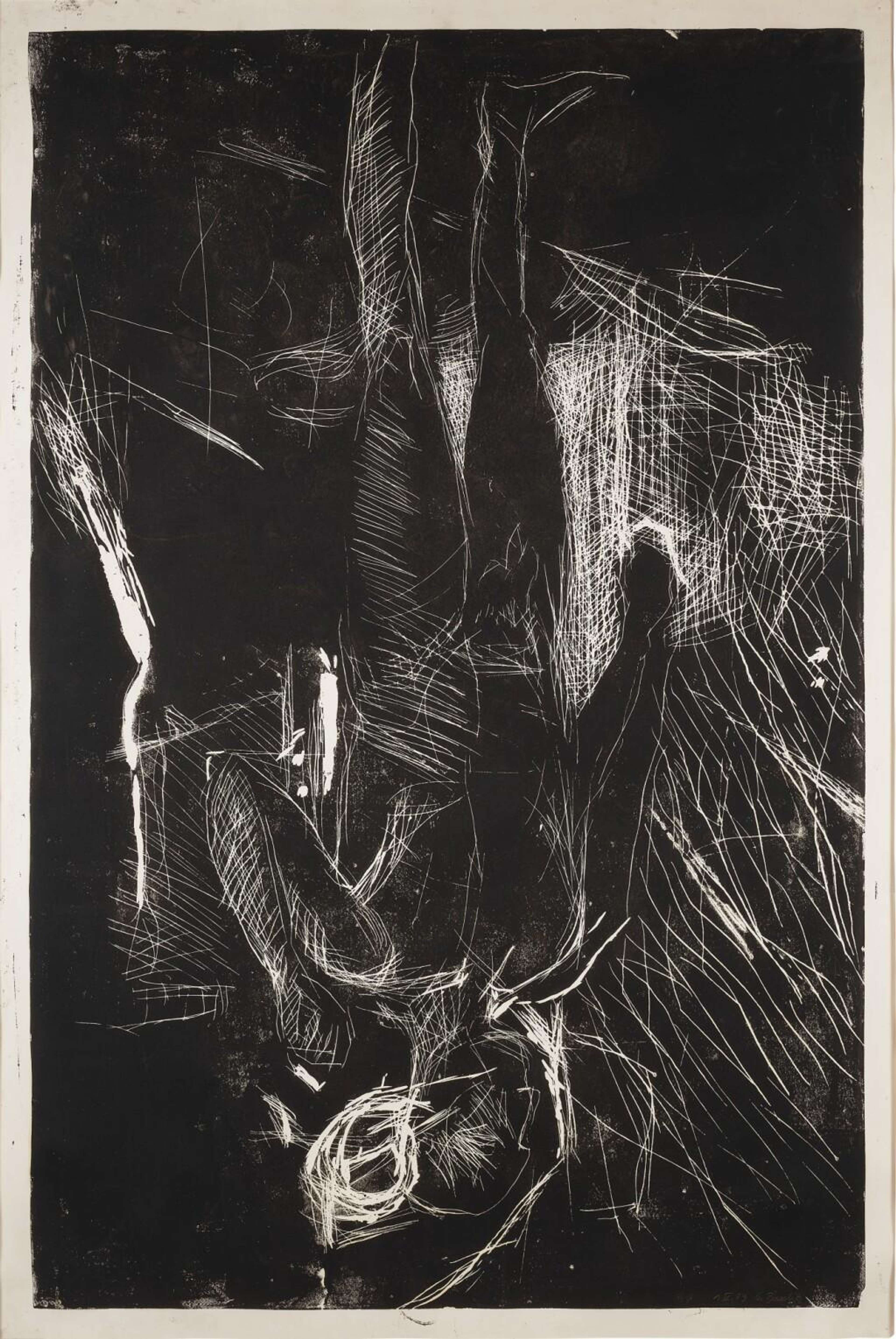 Une représentation en noir et blanc et inversée d'une personne les poings levés, prête à se battre, réalisée presque entièrement en traits de contour. Comme l'image est inversée verticalement, les ombres et la lumière sont également inversées, utilisant des lignes blanches hachurées pour l'ombre et un noir profond pour la lumière.