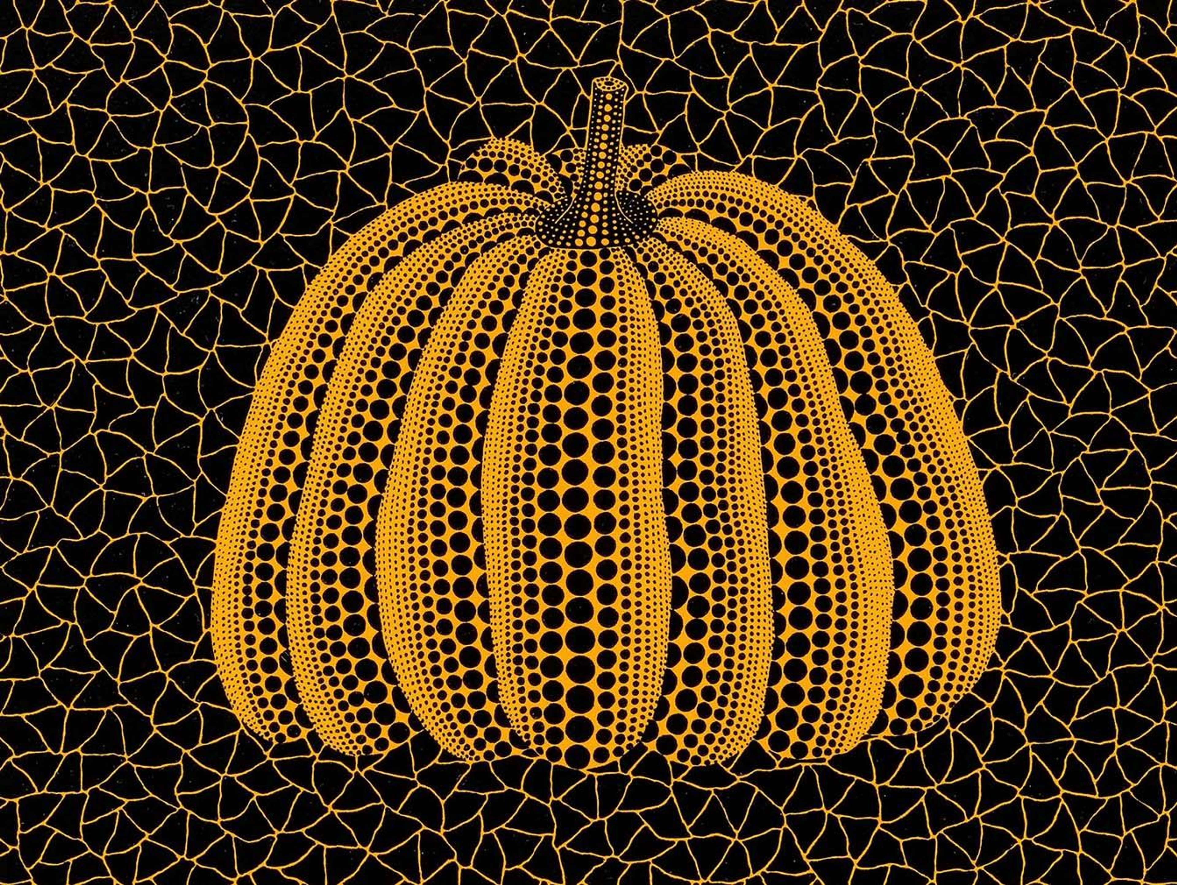 Sérigraphie de Yayoi Kusama, « Pumpkin (YY), Kusama 231 », un potiron jaune à pois sur fond noir à motif de filet ; signée.