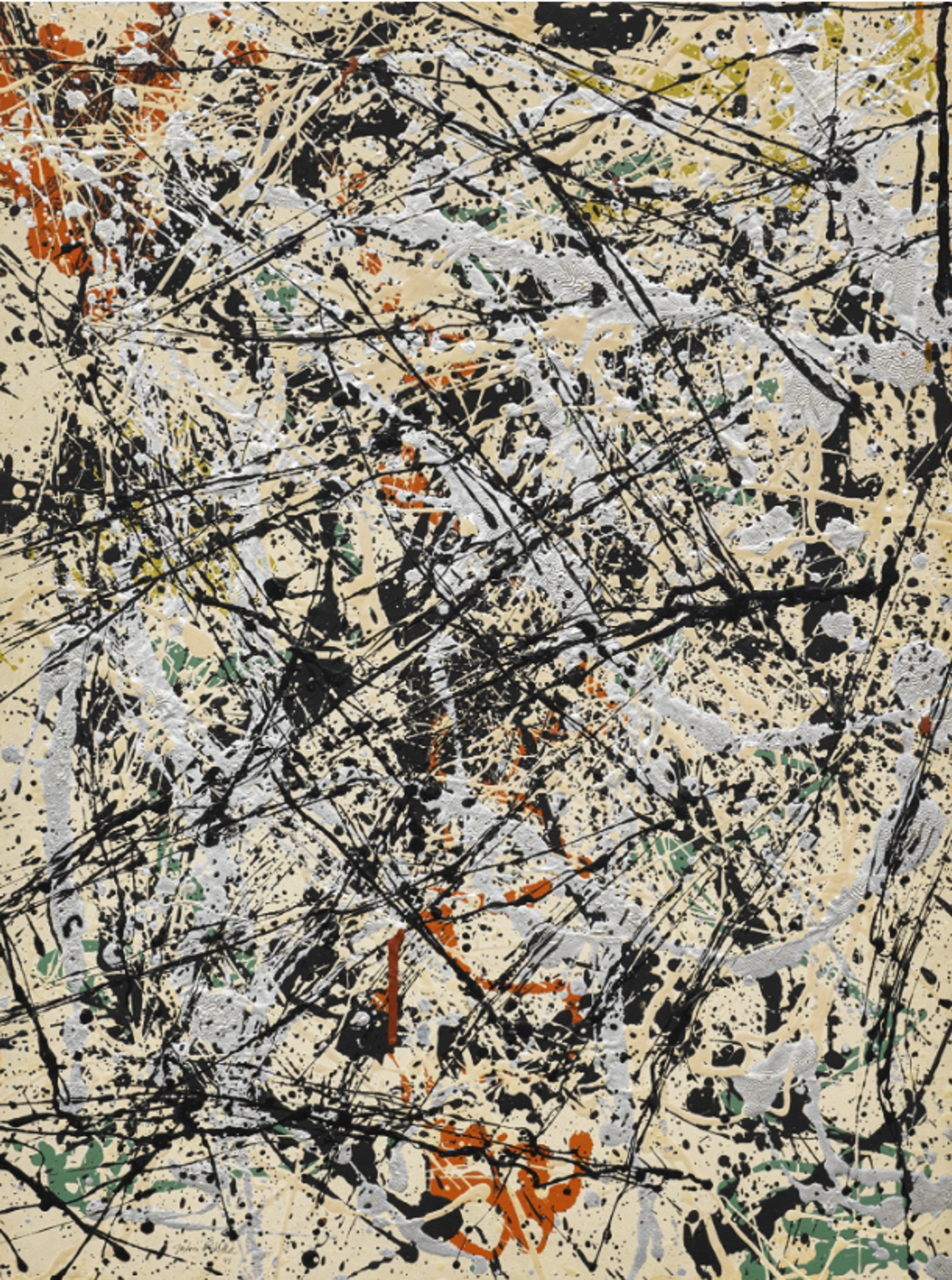 A vertical painting with a pale background, covered in thin, looping black lines and scattered paint drips in grey, brown, and muted tones. The composition is airy and intricate.