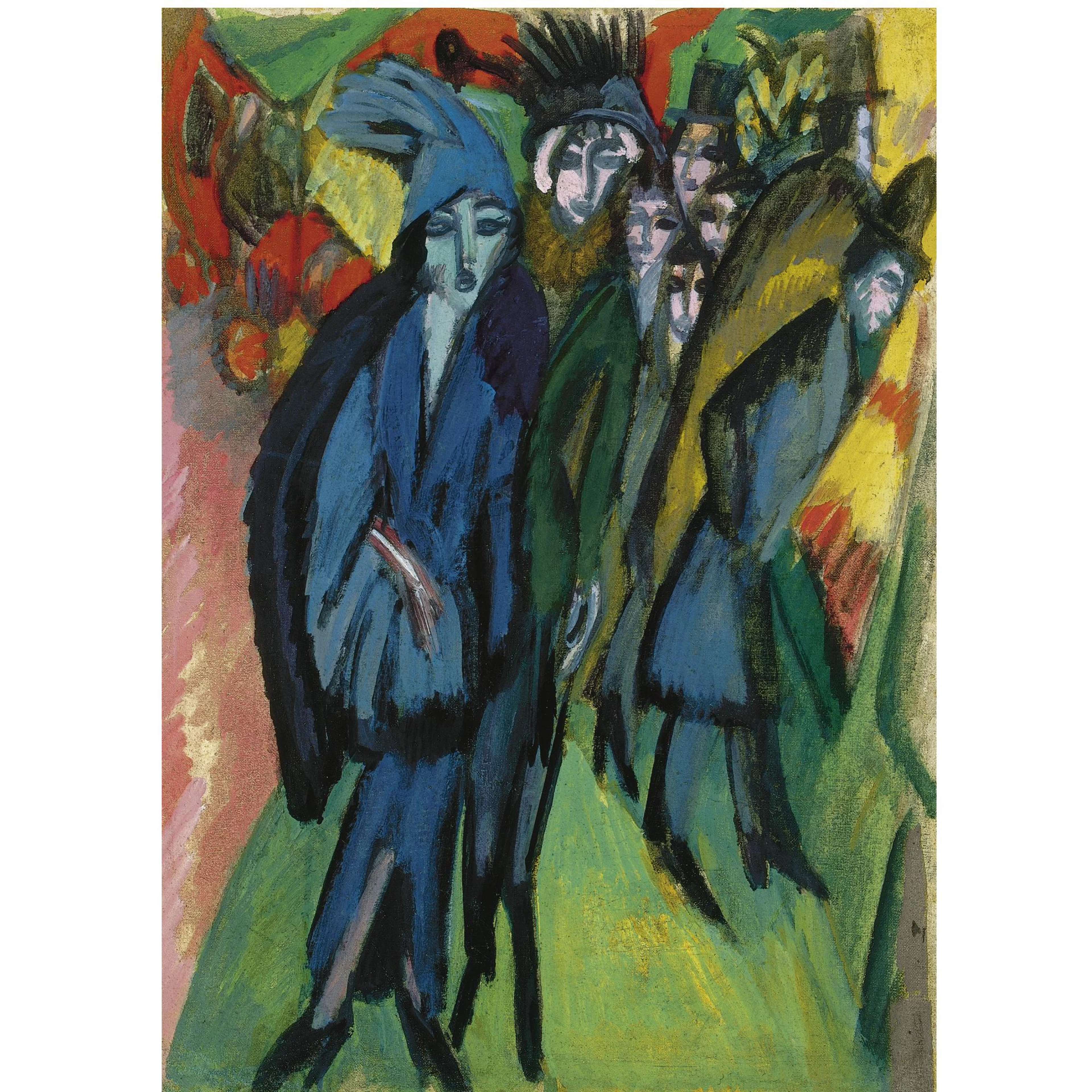 A small painting of an urban night scene featuring elegantly dressed women (likely prostitutes) under the bright green and yellow artificial illumination of Berlin's streets. The composition employs sharp angles and compressed space, showing figures looking into shop windows and women wearing heavy makeup and extravagant outfits. The figures appear elongated with mask-like faces. Bold colours are juxtaposed against dark backgrounds, exaggerating the effects of artificial light.