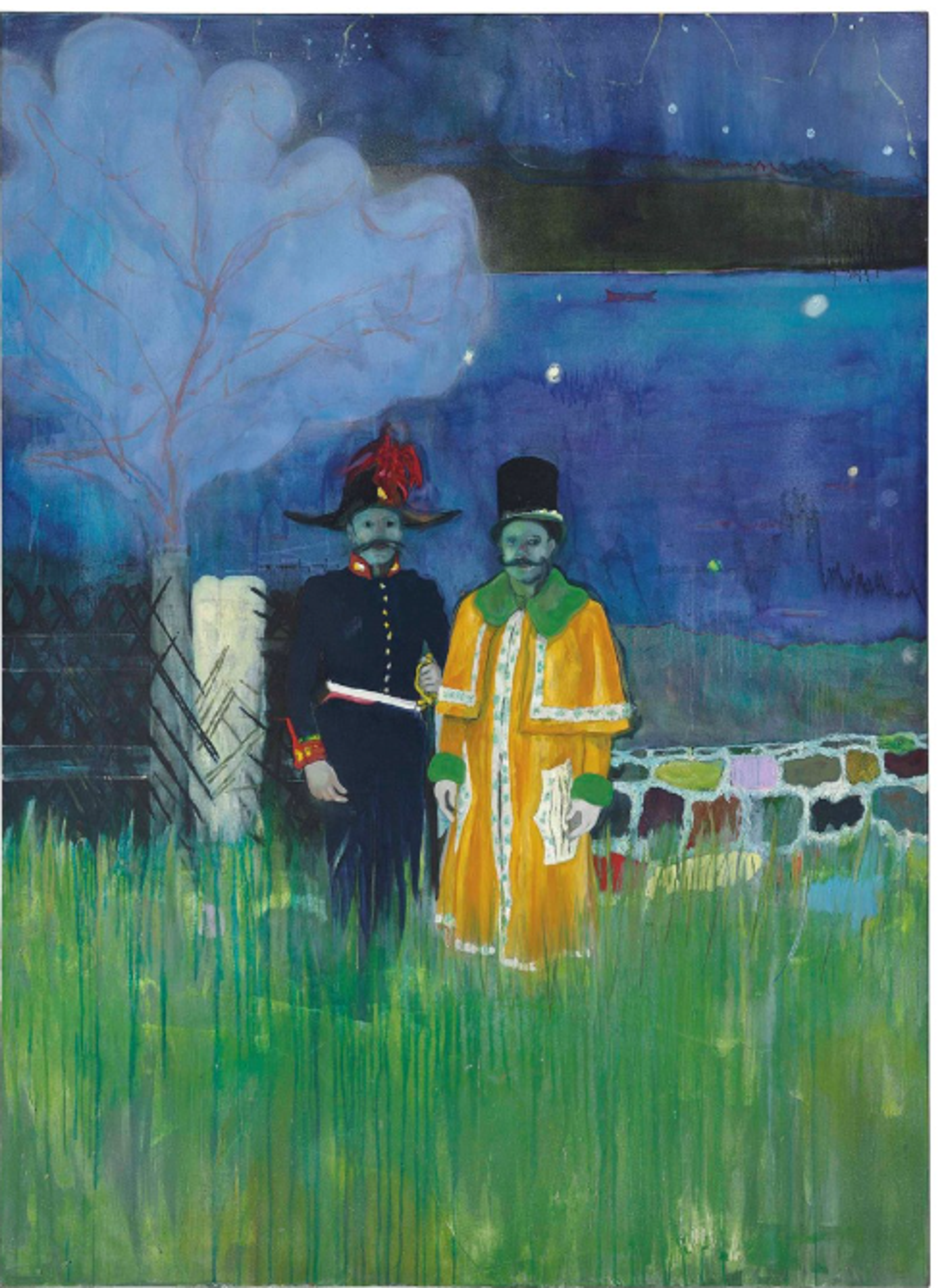 Two ghostly costumed figures - one in bright yellow, one in dark uniform - stand in a vibrant green meadow against a deep blue night sky. Their faces are translucent, blending into the blue lakeside behind them. The theatrical scene has a dreamlike quality with simplified, bold colour blocks.