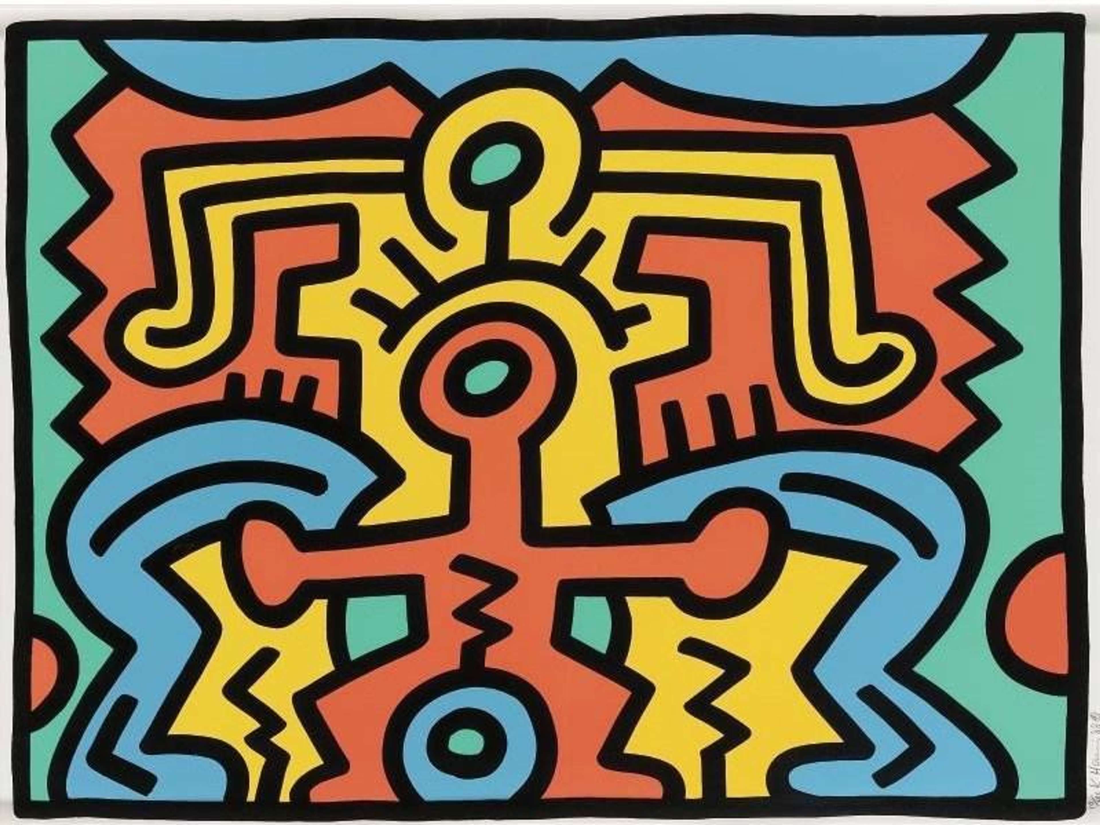A signed screenprint by Keith Haring, titled “Growing 5 (Signed Print) 1988”, depicting a dynamic arrangement of interconnected outlined figures in bright red, blue, yellow and green, forming bold rhythmic shapes and patterns characteristic of his Pop Art style.