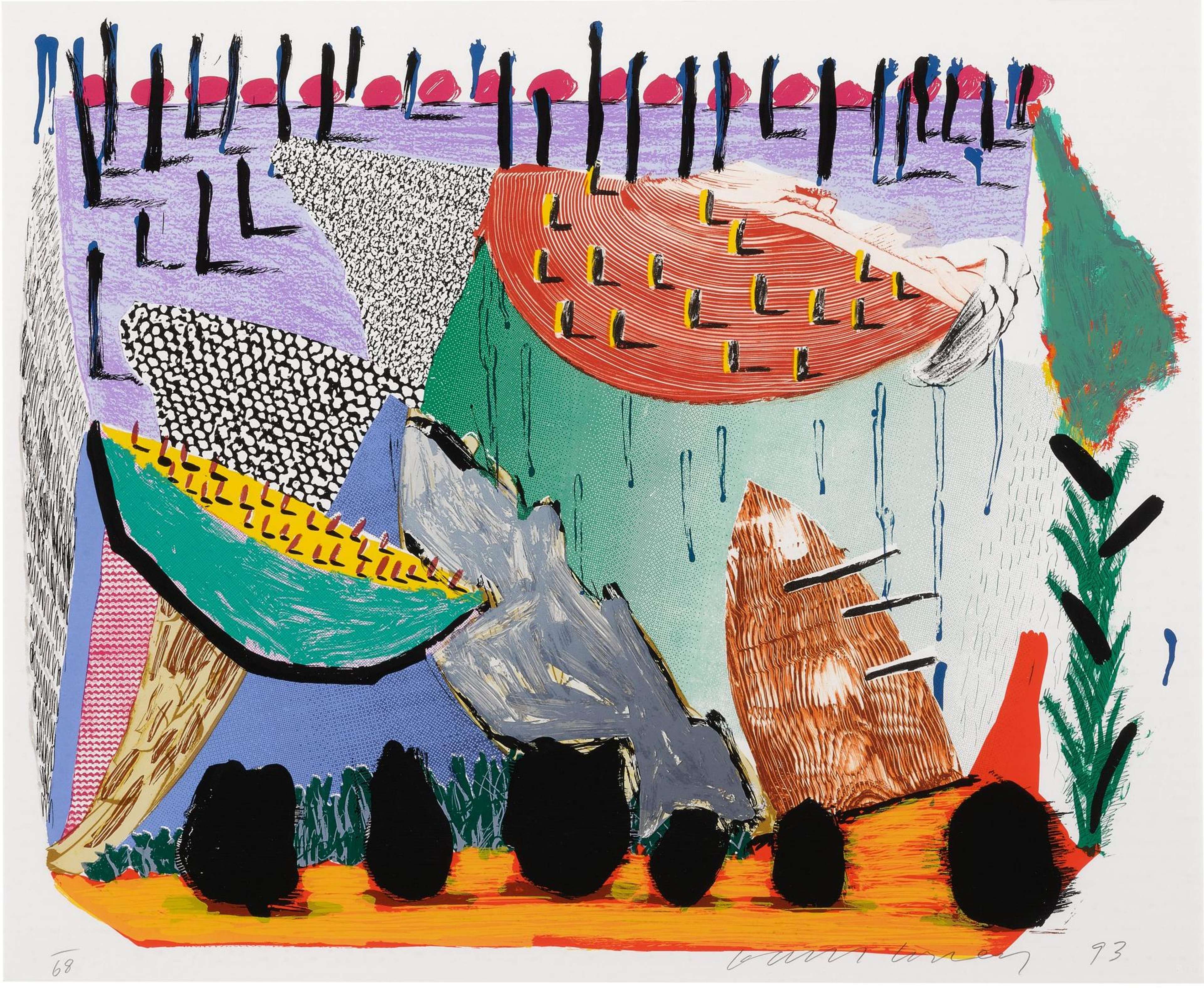Paysage abstrait aux formes noires audacieuses, aux formes vertes et oranges courbes, et au sol lavande par David Hockney.