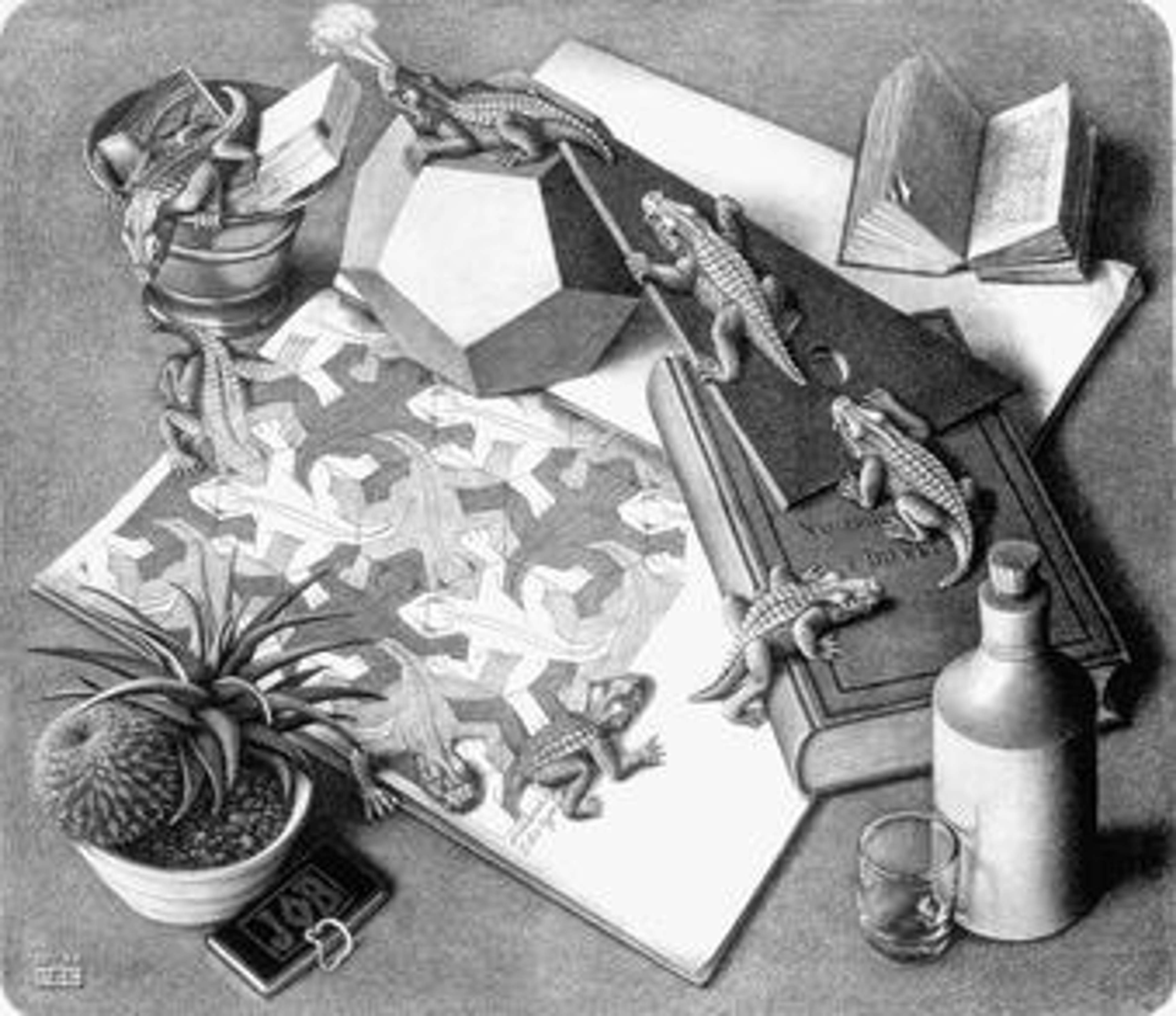 Reptiles de M. C. Escher. Cette estampe est une nature morte, présentant un carnet de croquis ouvert, des cactus, des livres et des lézards.