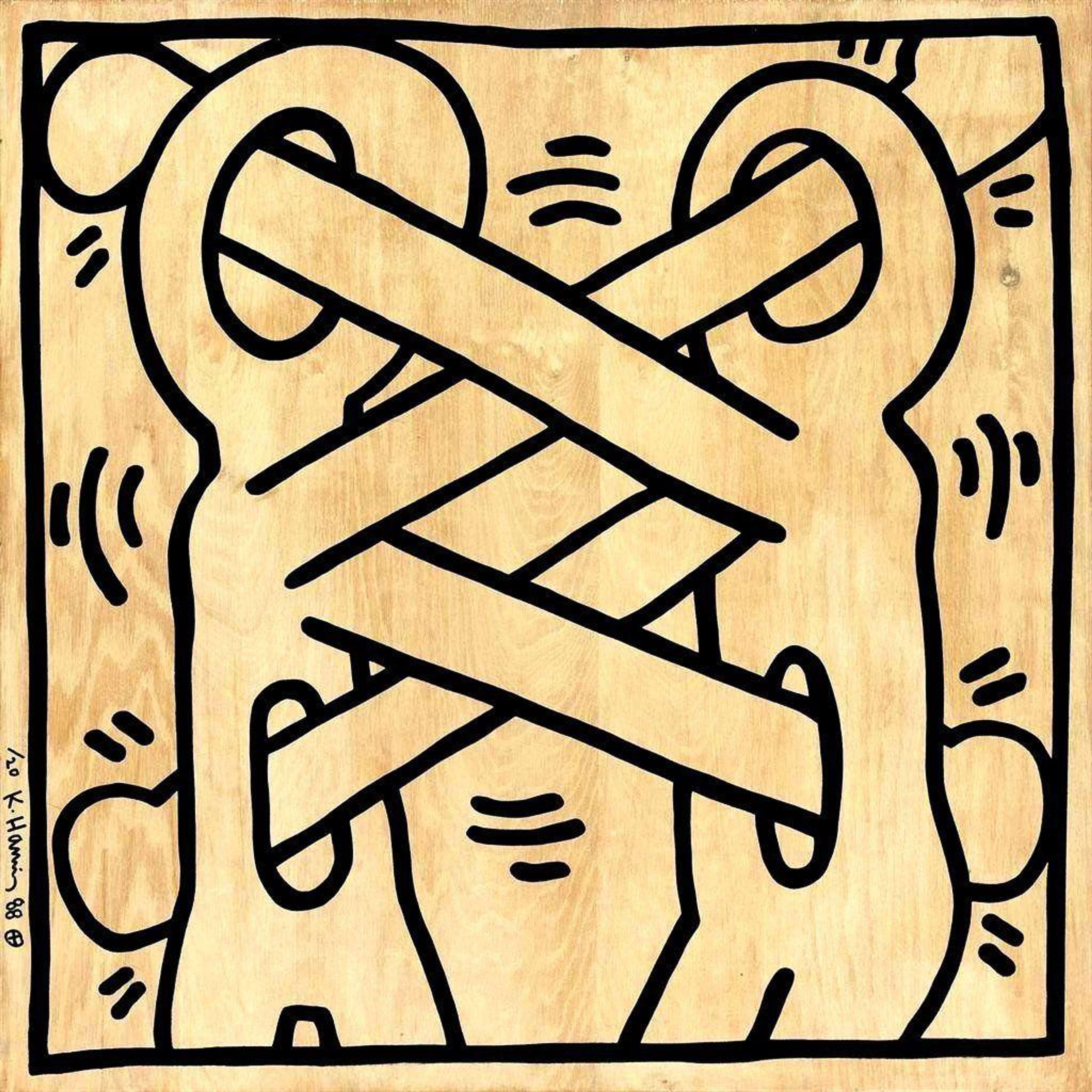 « Art Attack On AIDS (yellow) » représente deux figures vibrantes dessinées avec des lignes audacieuses, montrant des visages et des estomacs creux, percés par les poings de la figure opposée, ce qui crée un croisement symétrique des membres.