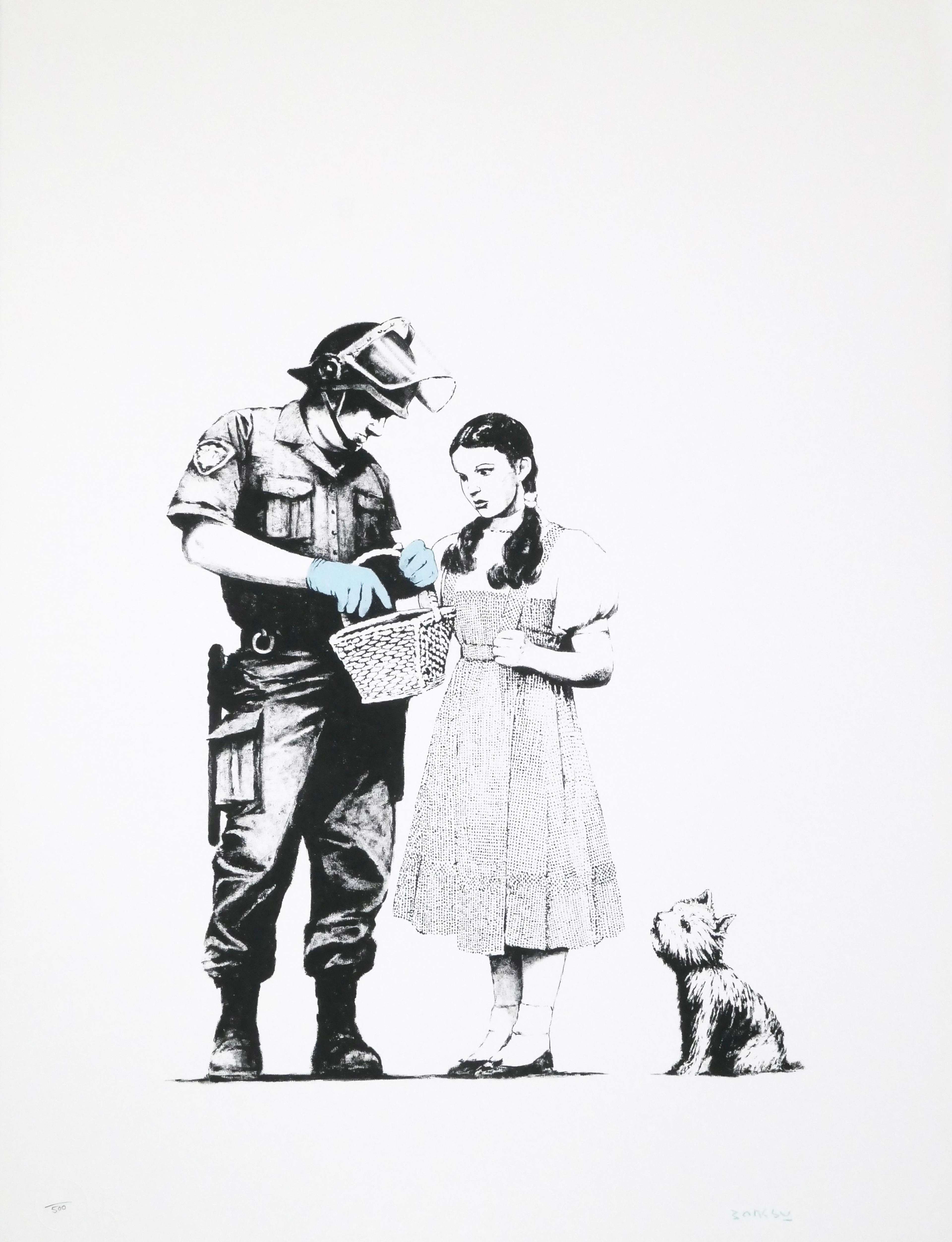 Banksy screenprint of police searching a child holding a basket with a puppy in bold black stencil style.