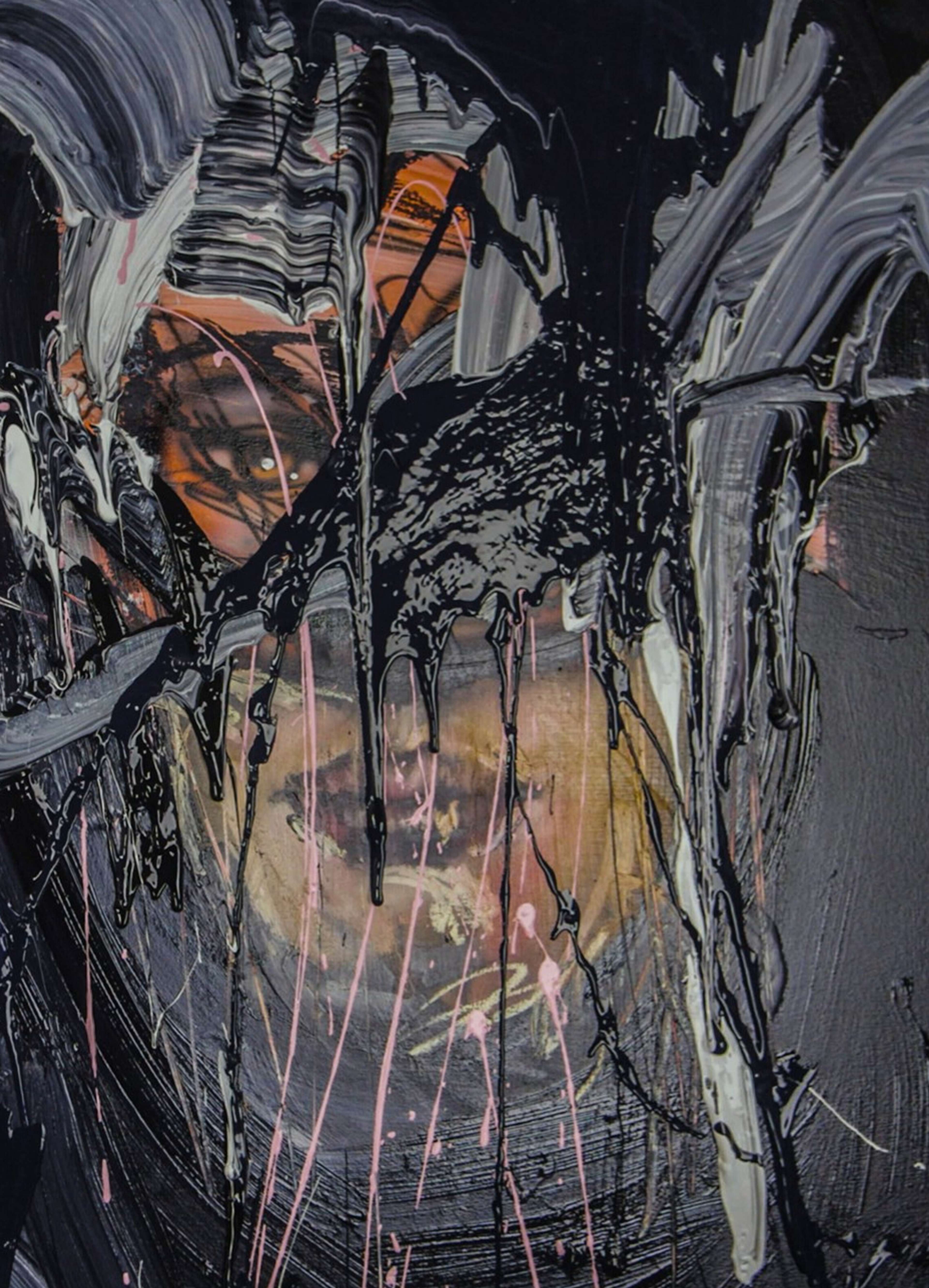 Une image de l'œuvre "Fist Hugger" des artistes David Choe et Rick Doblin, montrant un visage féminin dissimulé par de larges et épaisses éclaboussures de peinture noire.