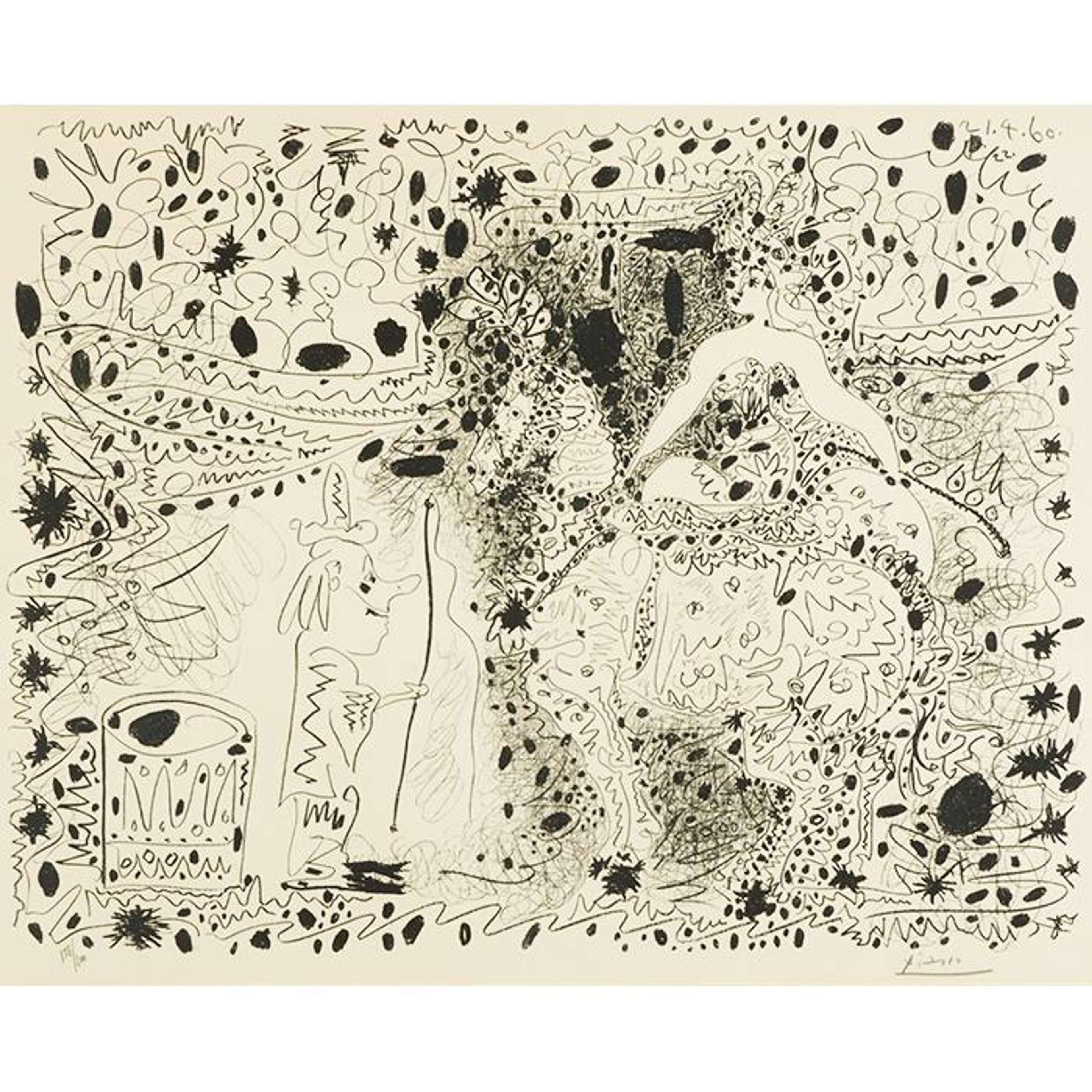 Dessin monochrome au trait représentant une femme vêtue d'une grande robe, regardant une figure masculine plus petite. Des points, des motifs et des lignes entourent les personnages, créant un sentiment de chaos.