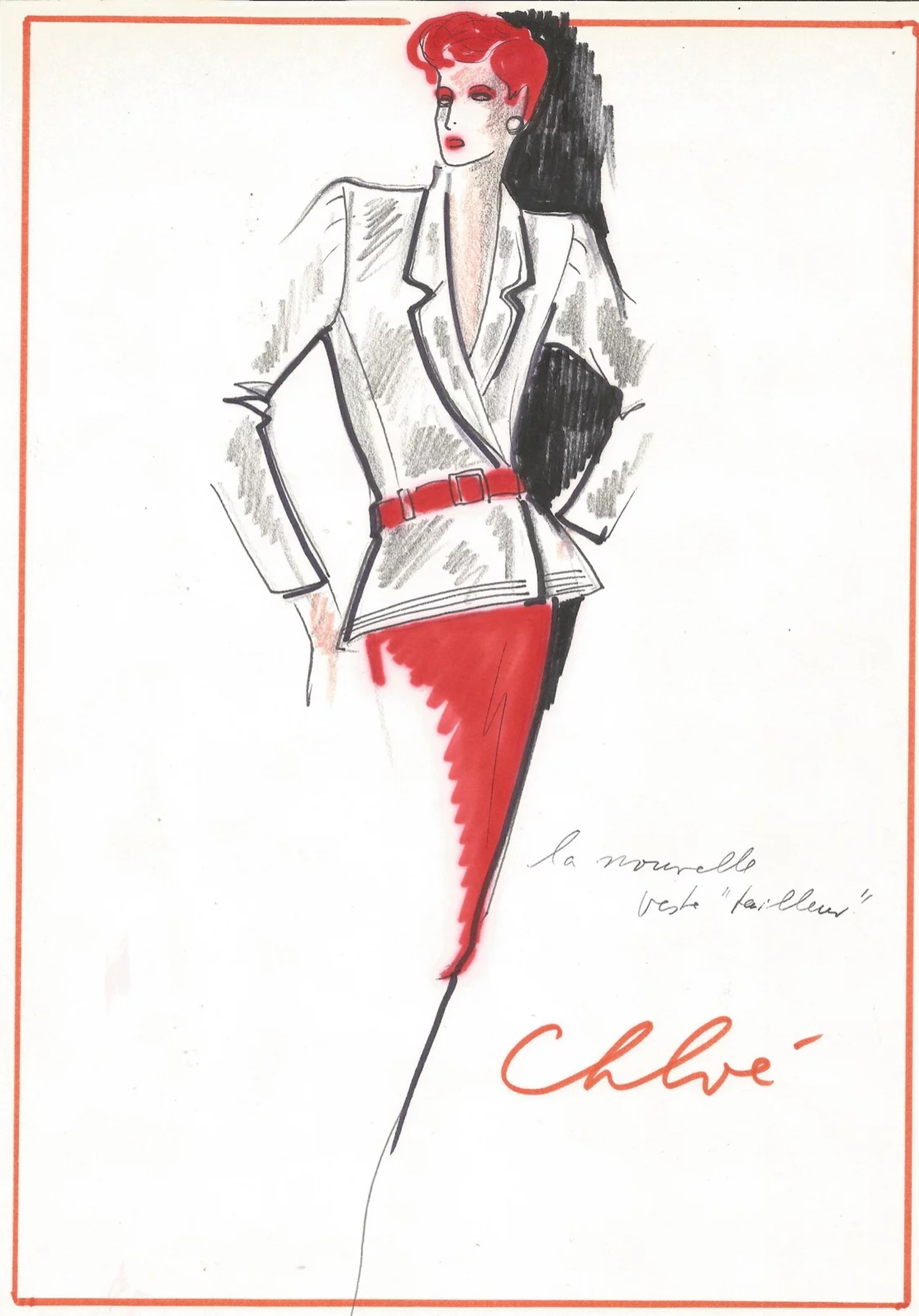 Illustration de mode représentant une femme aux cheveux roux vêtue d'une veste blanche structurée, cintrée à la taille par une ceinture rouge, et d'une jupe crayon rouge. Des inscriptions manuscrites figurent à droite du personnage.