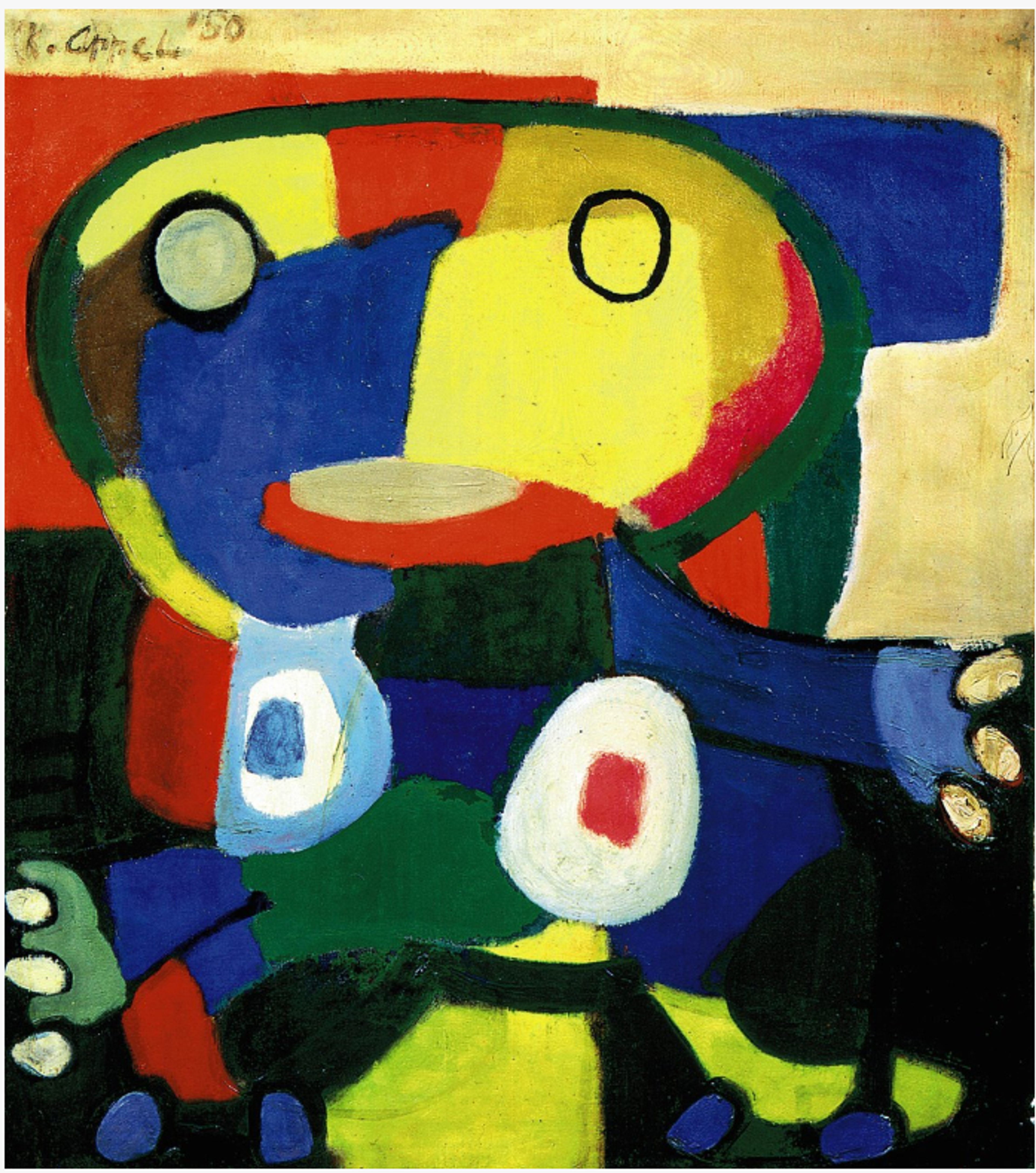 Vibrant composition with yellow, blue and red freeform shapes forming a stylised face-like figure with circular elements against colourful blocks. Two black outlined circles suggest the cobra’s eyes.