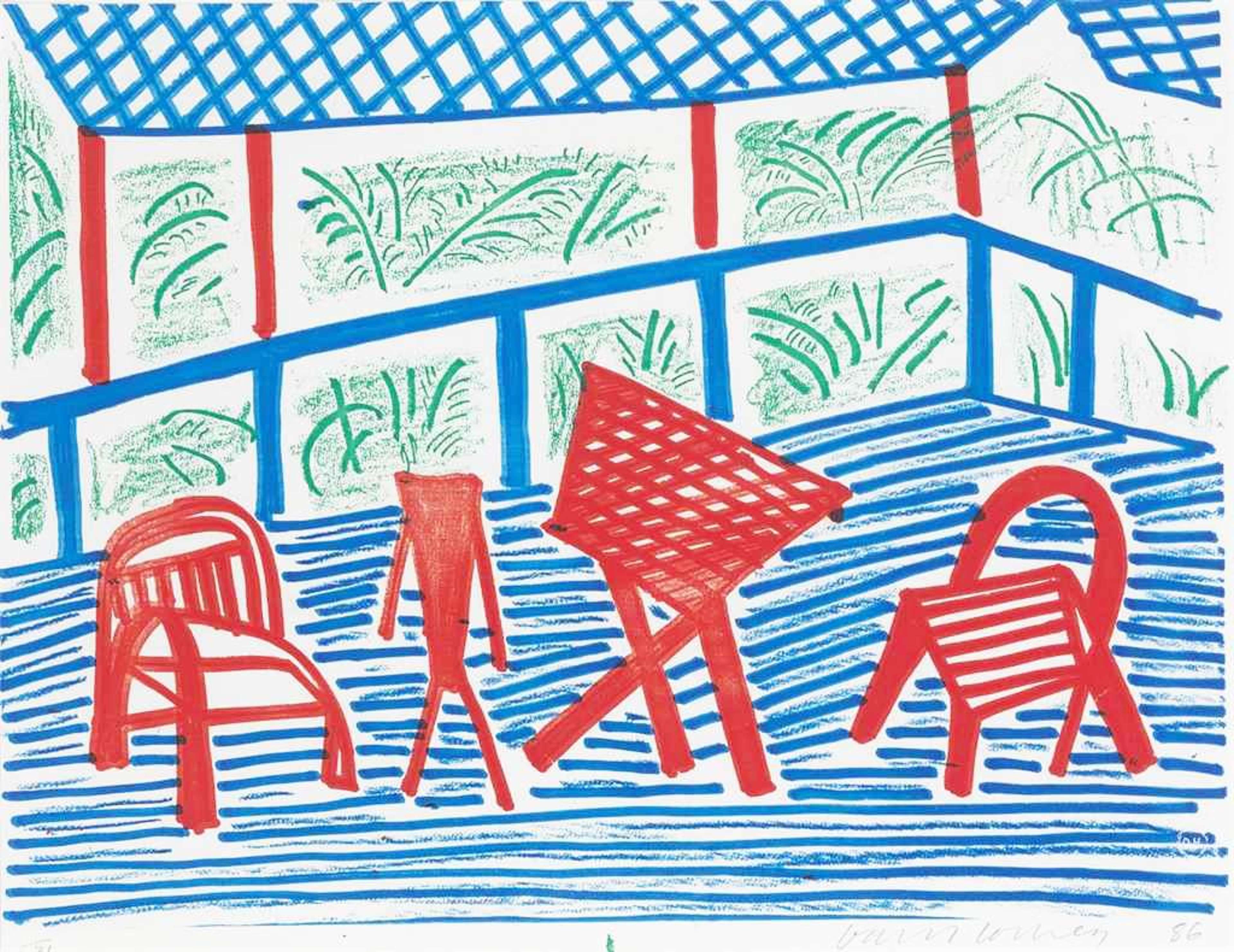 Two red chairs flanking a small table in a flattened interior, built from successive photocopied layers that emphasise contour and block colour, 1986.