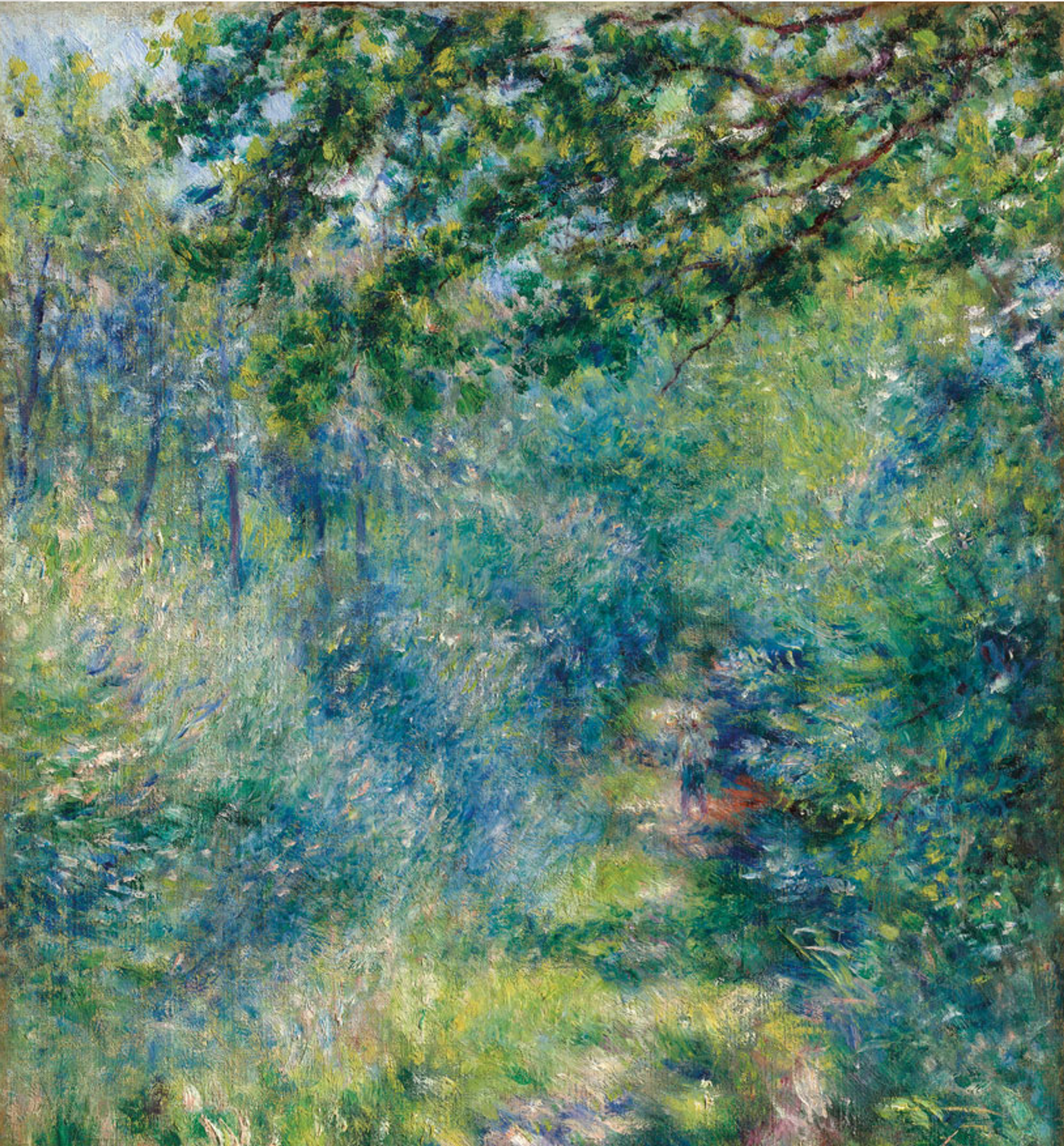 A densely painted forest path with thick foliage. Blues and greens dominate the composition, showing sunlight filtering through trees. In the distance, a walking figure is just discernable. The brushwork is loose and textured, creating an immersive woodland atmosphere.