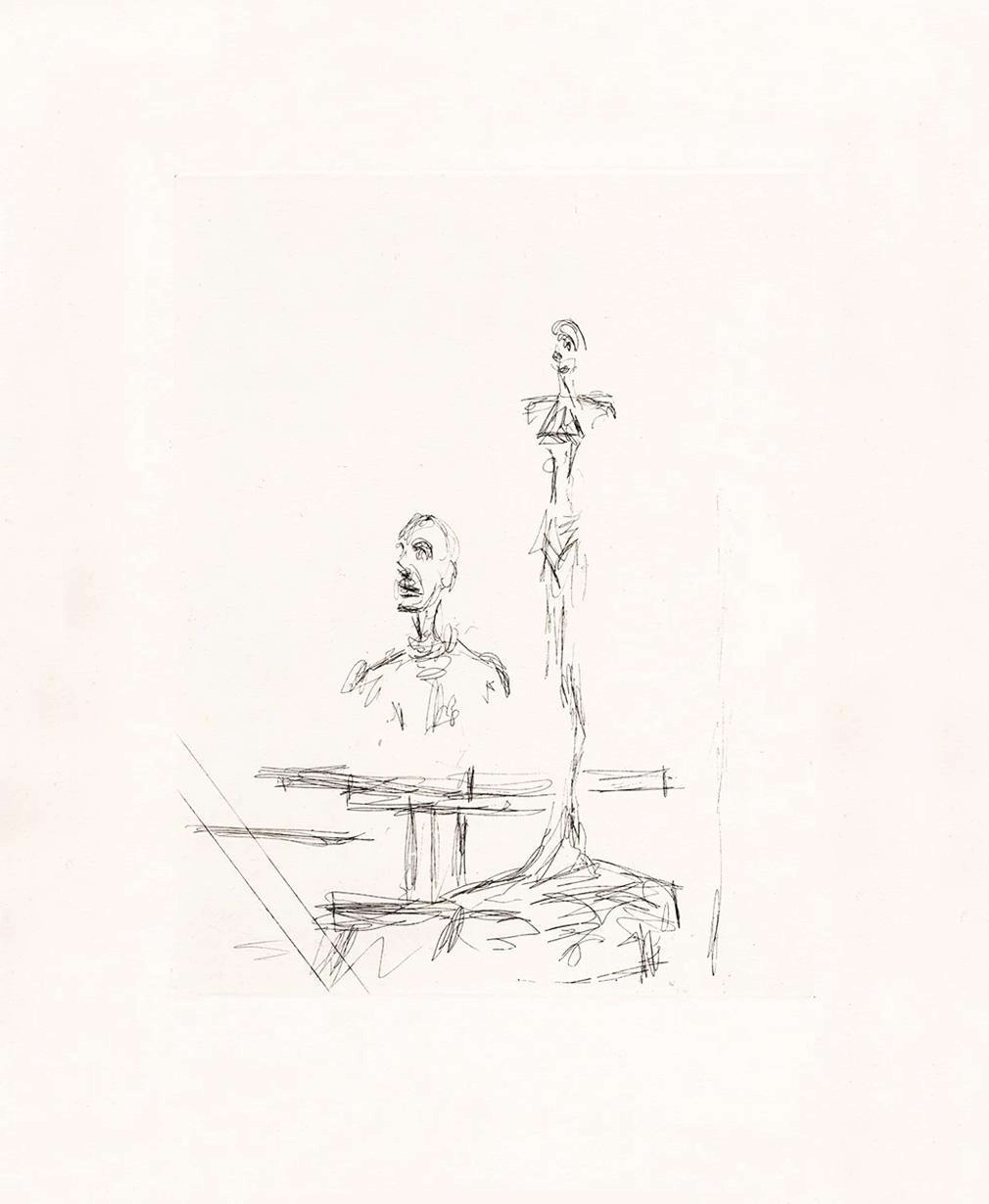 Une esquisse en noir et blanc de l'atelier de Giacometti, présentant les contours esquissés de plusieurs sculptures, dont deux bustes et une figure entière.
