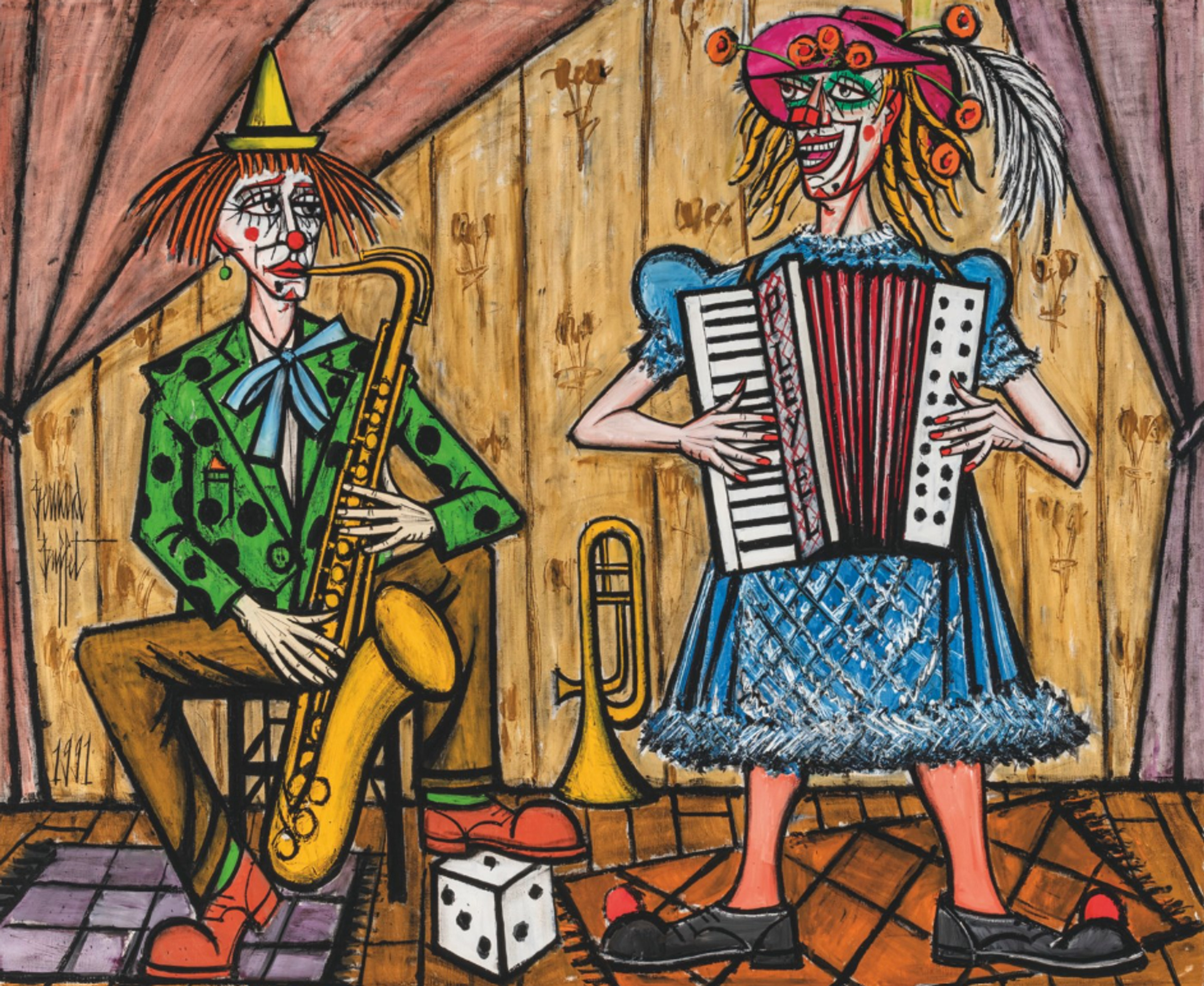 A theatrical scene depicting two elongated, melancholic clown figures on a stage. One plays a saxophone while sitting, dressed in green with yellow trousers. The other stands playing an accordion, wearing a blue dress with pink stockings. Both have pale faces with thin features, sad expressions, and distinctive hats. The background features wooden panelling and purple stage curtains. A white die sits on the tiled floor in the foreground.