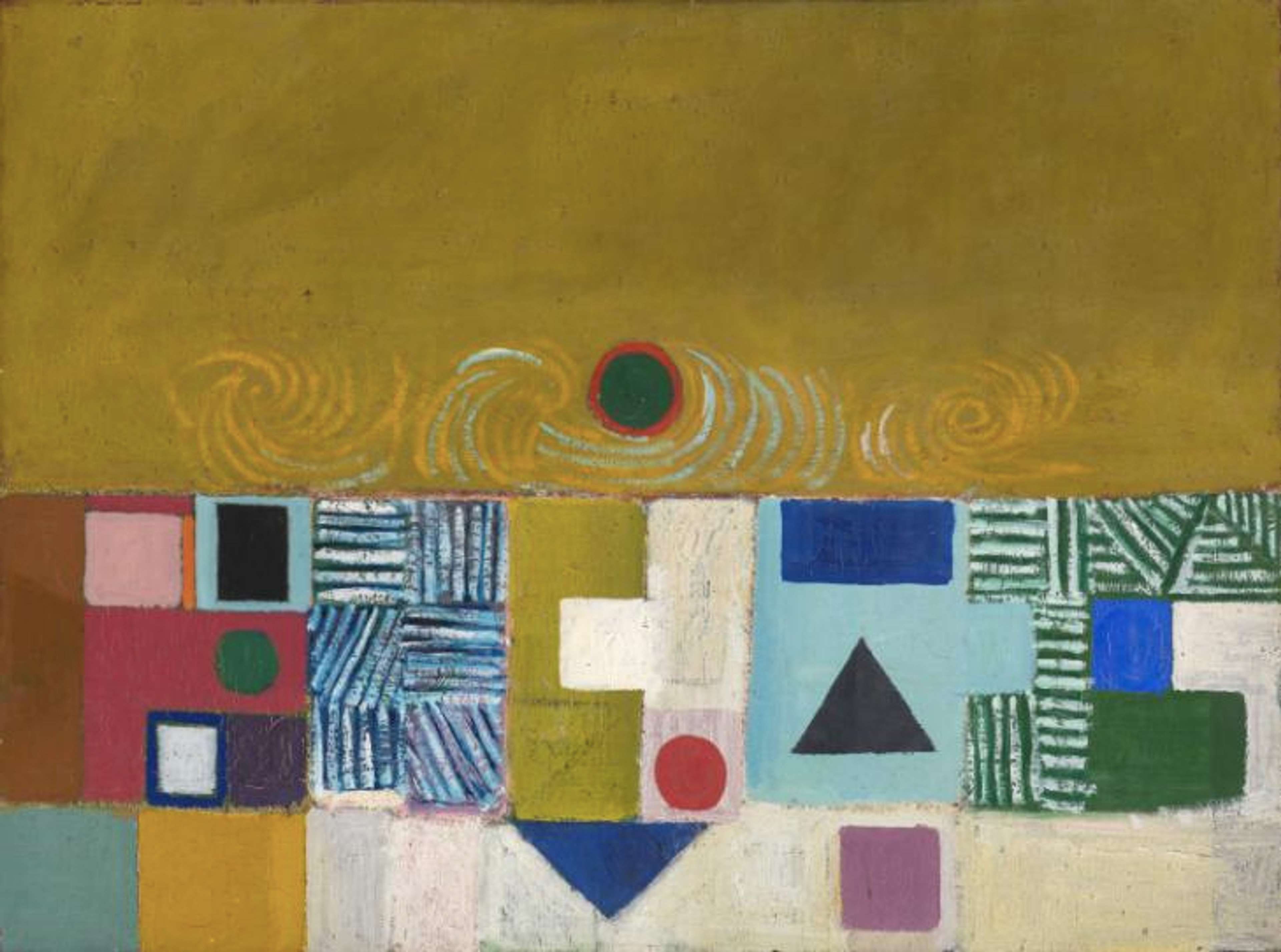 Une peinture abstraite intitulée « Motif carré, bleu et or : L'éclipse », présentant une forme carrée au centre, divisée en plusieurs sections géométriques dans des nuances de bleu et d'or, entourée d'un fond blanc et de petits carrés disposés en motif autour du carré central.