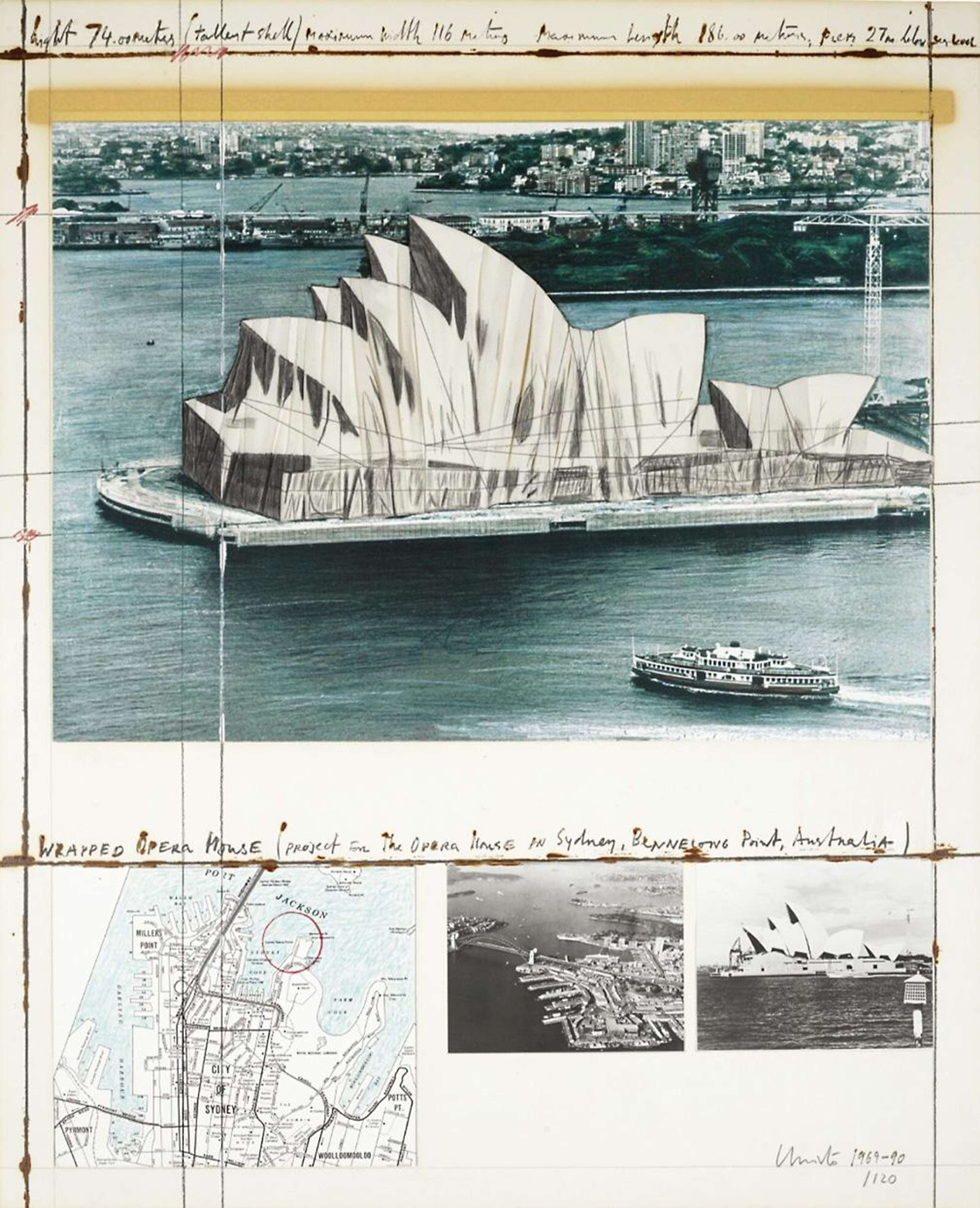 Une estampe planographique représentant les projets de Christo pour emballer l'Opéra de Sydney. L'emballage est dessiné sur une photographie modifiée de l'Opéra. Dans le coin inférieur gauche se trouve une carte de la zone, et dans le coin inférieur droit, deux photographies de la zone et de l'Opéra. L'estampe montre également des notes de l'artiste, y compris l'adresse, la hauteur et la longueur de l'Opéra.