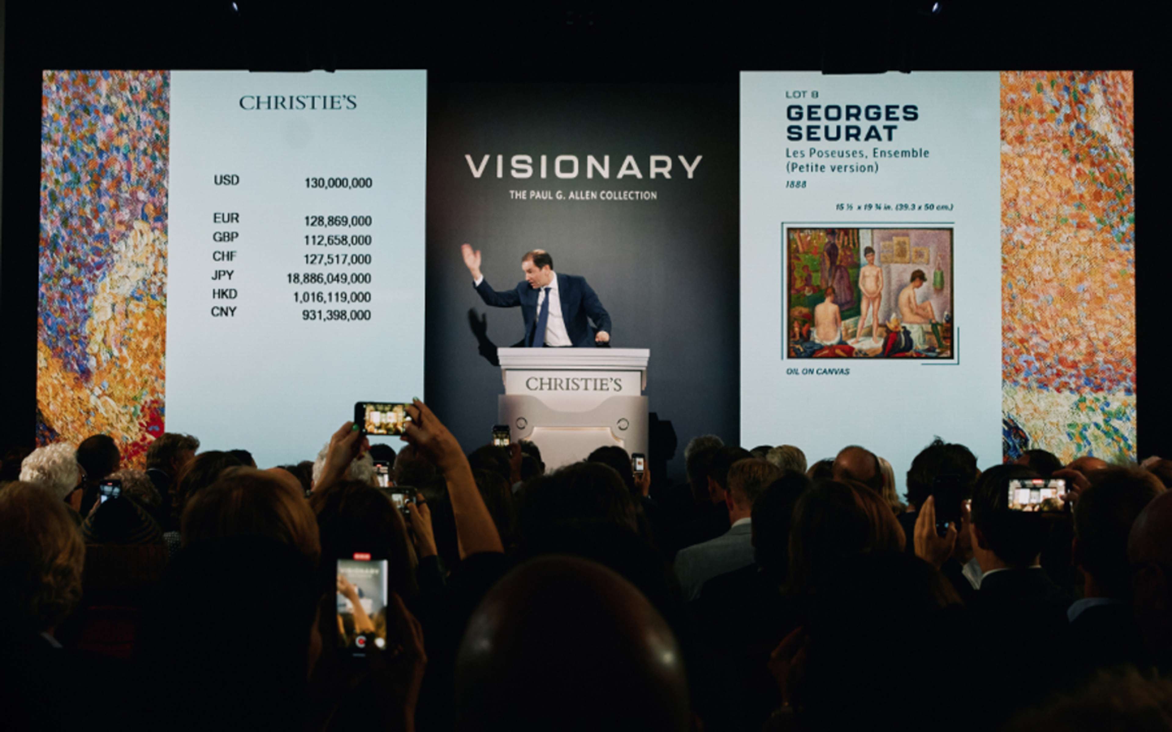 Enchères en direct de « Les Poseuses, Ensemble (Petite version) » de Georges Seurat lors de la vente « Visionary: Part 1 » chez Christie's à New York.